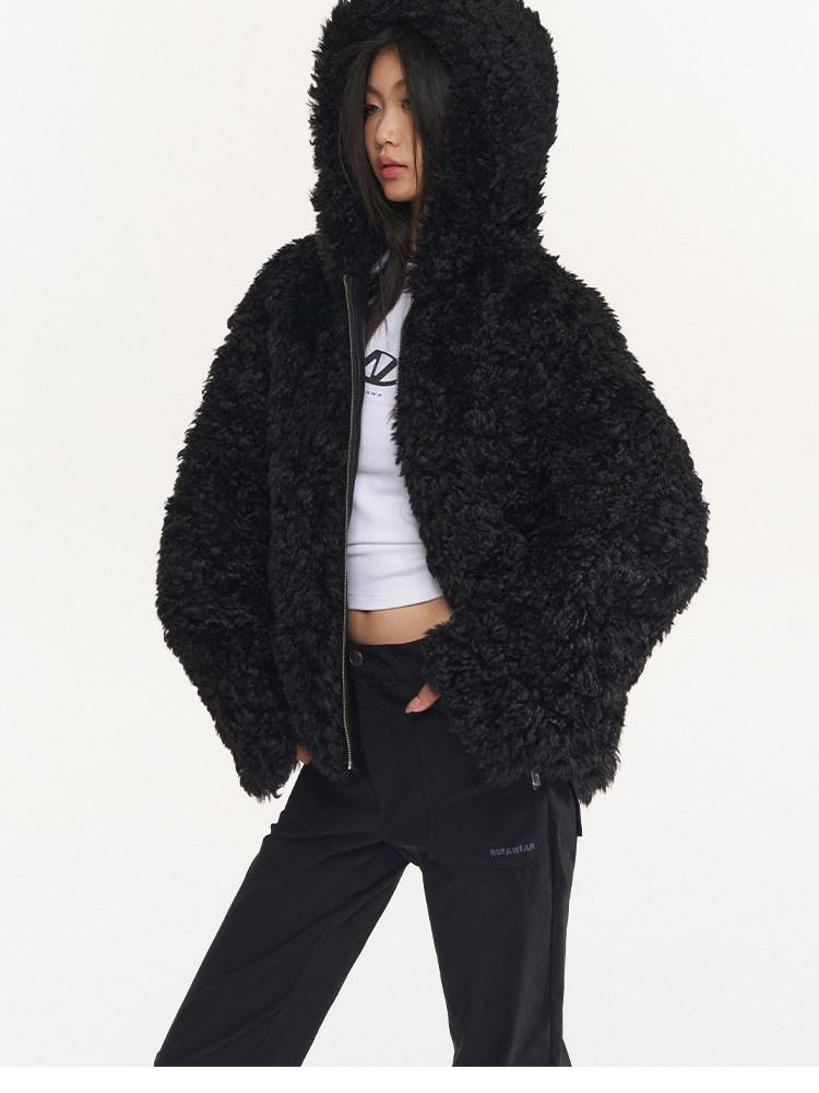 NAWSNOTAWEAR Faux Fur Trim Hooded Zipper Commuter Women Black Blush Short Coat