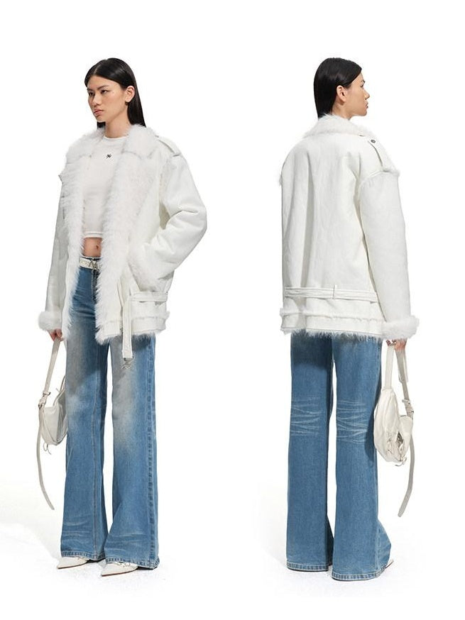 NAWSNOTAWEAR Fox Fur Collar Loose Fit Zip Front Women Everyday Snow White Thick Short Coat