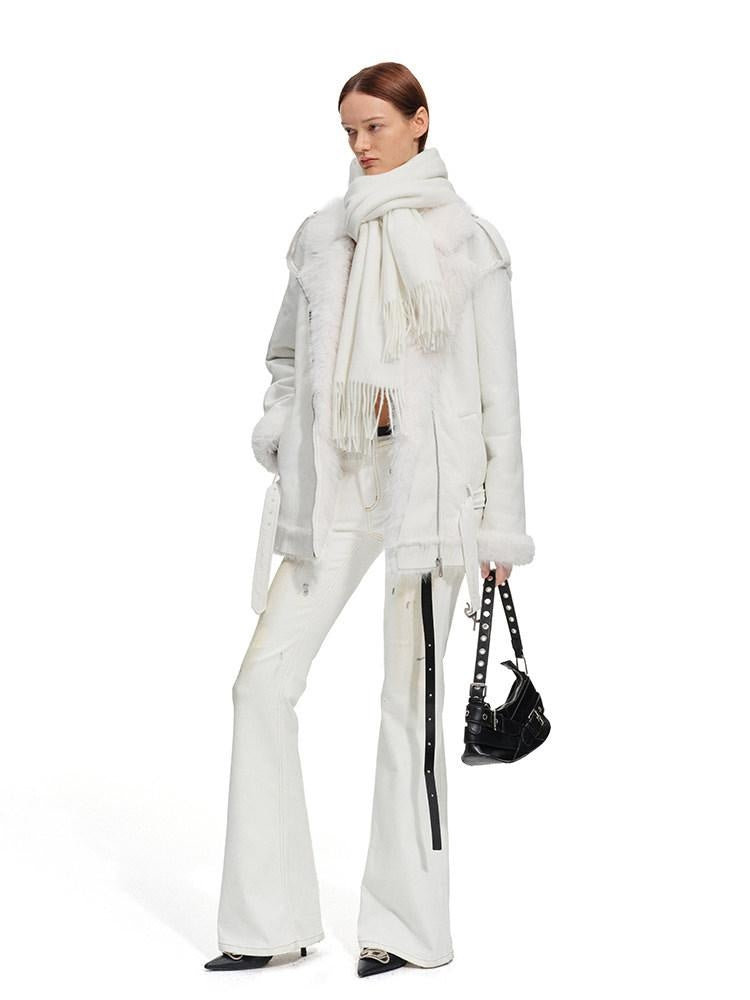 NAWSNOTAWEAR Fox Fur Collar Loose Fit Zip Front Women Everyday Snow White Thick Short Coat
