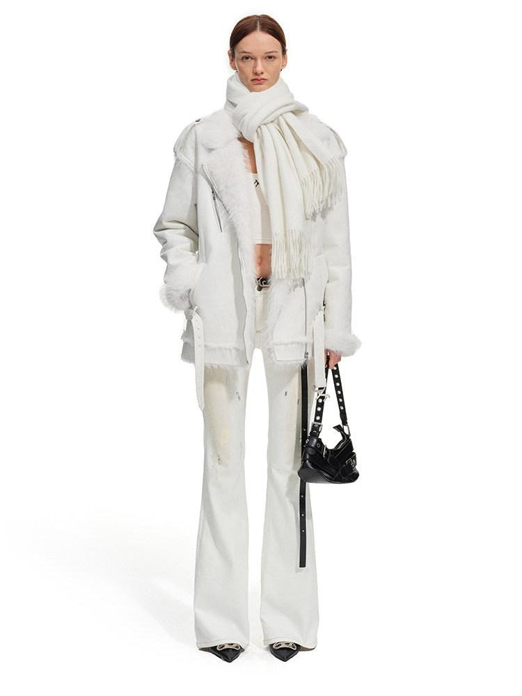 NAWSNOTAWEAR Fox Fur Collar Loose Fit Zip Front Women Everyday Snow White Thick Short Coat