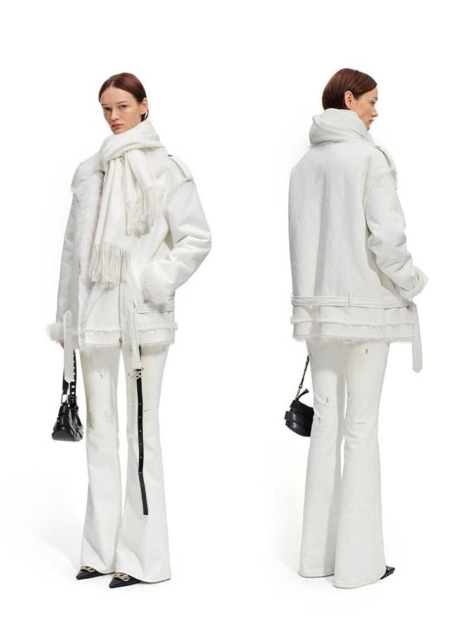 NAWSNOTAWEAR Fox Fur Collar Loose Fit Zip Front Women Everyday Snow White Thick Short Coat