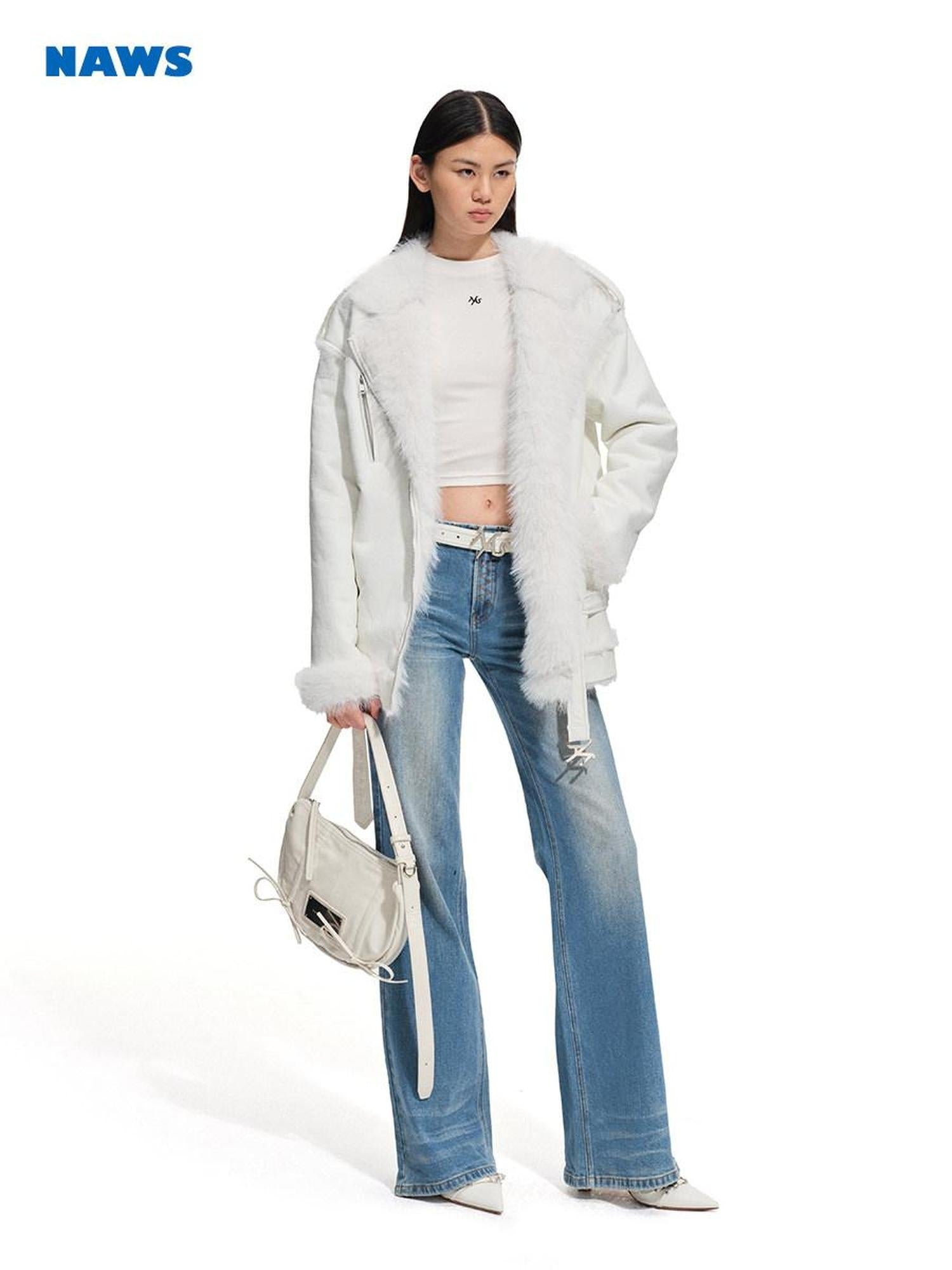 NAWSNOTAWEAR Fox Fur Collar Loose Fit Zip Front Women Everyday Snow White Thick Short Coat