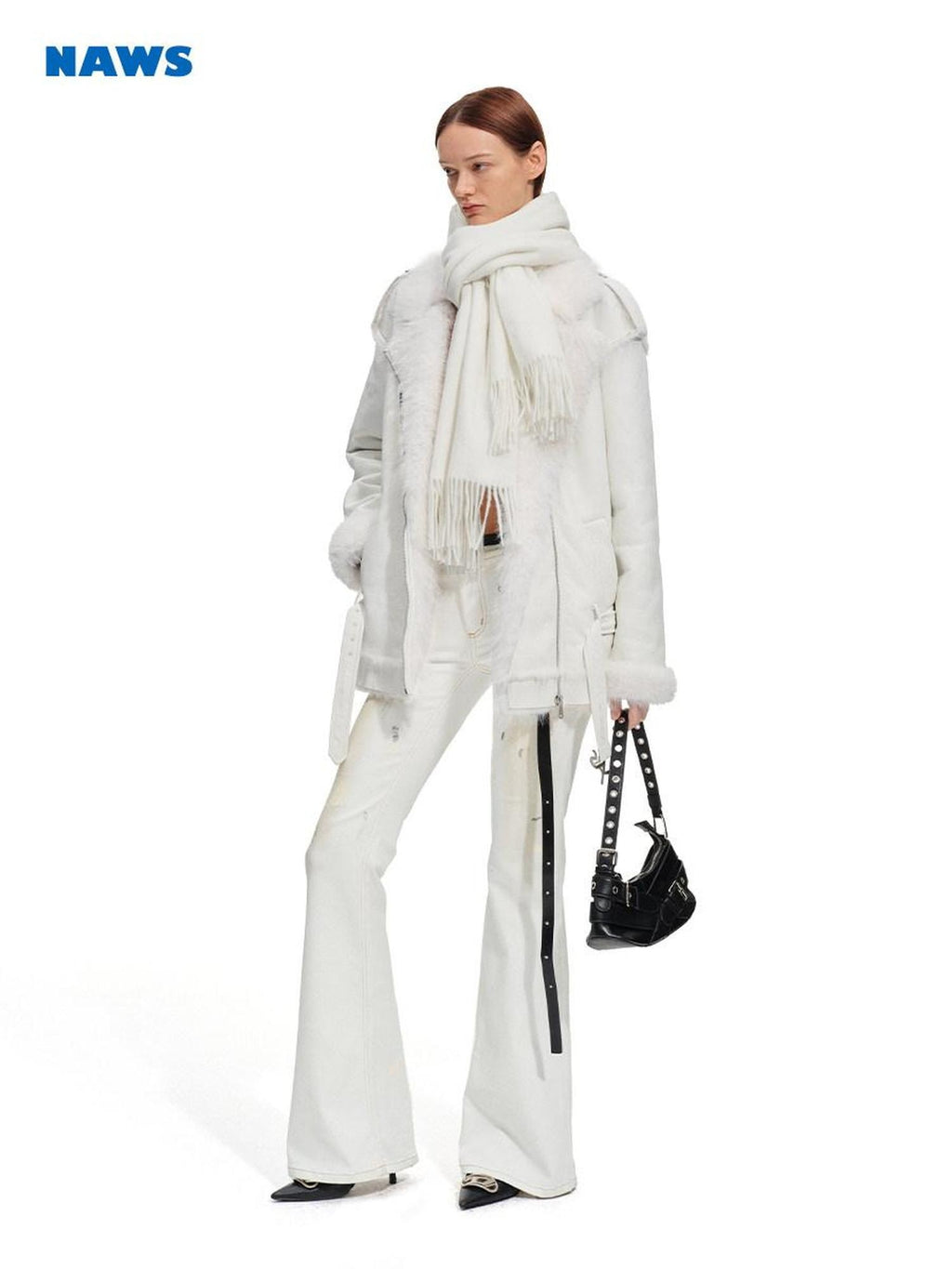NAWSNOTAWEAR Fox Fur Collar Loose Fit Zip Front Women Everyday Snow White Thick Short Coat