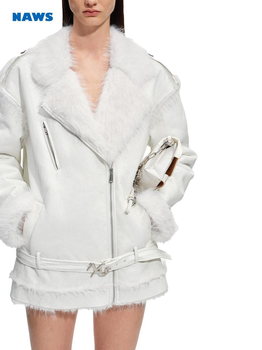 NAWSNOTAWEAR Fox Fur Collar Loose Fit Zip Front Women Everyday Snow White Thick Short Coat