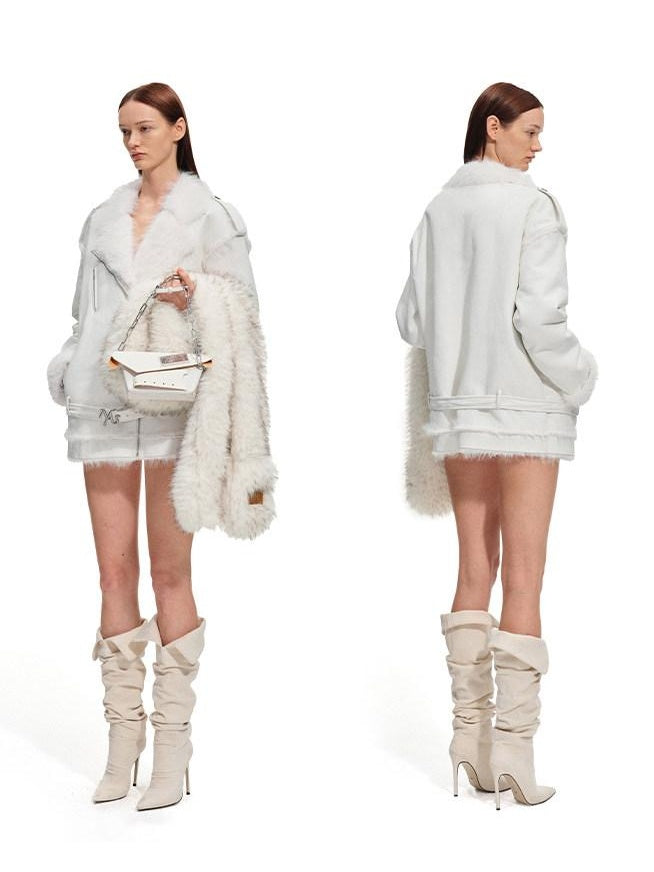 NAWSNOTAWEAR Fox Fur Collar Loose Fit Zip Front Women Everyday Snow White Thick Short Coat