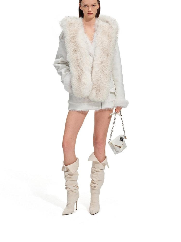 NAWSNOTAWEAR Fox Fur Collar Loose Fit Zip Front Women Everyday Snow White Thick Short Coat