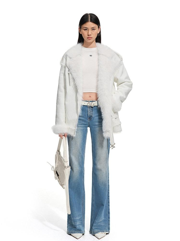 NAWSNOTAWEAR Fox Fur Collar Loose Fit Zip Front Women Everyday Snow White Thick Short Coat