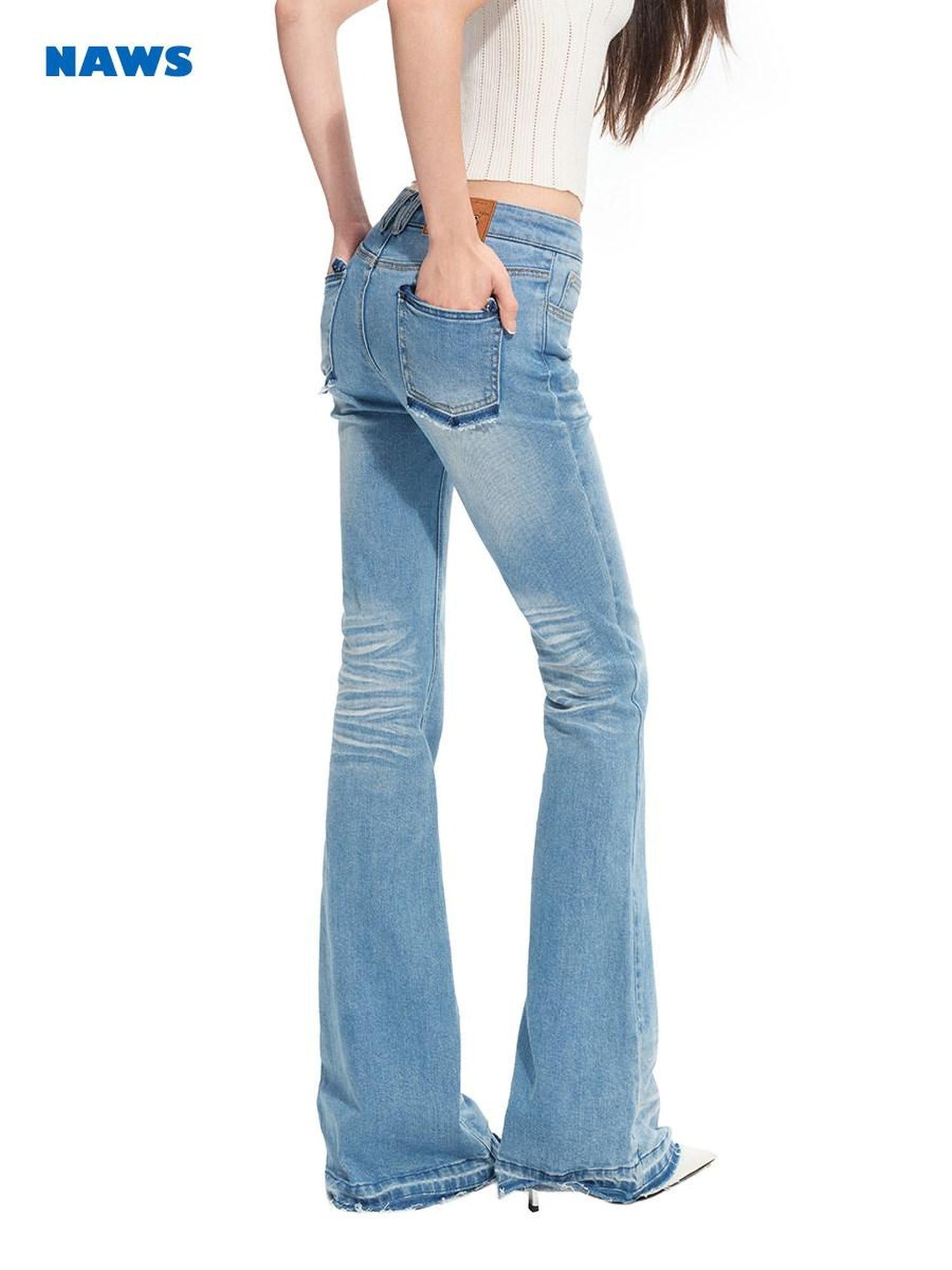 NAWSNOTAWEAR Glacier Blue Slim Fit Stretch Casual Natural Waist Zip Fly Cotton Flared Jeans