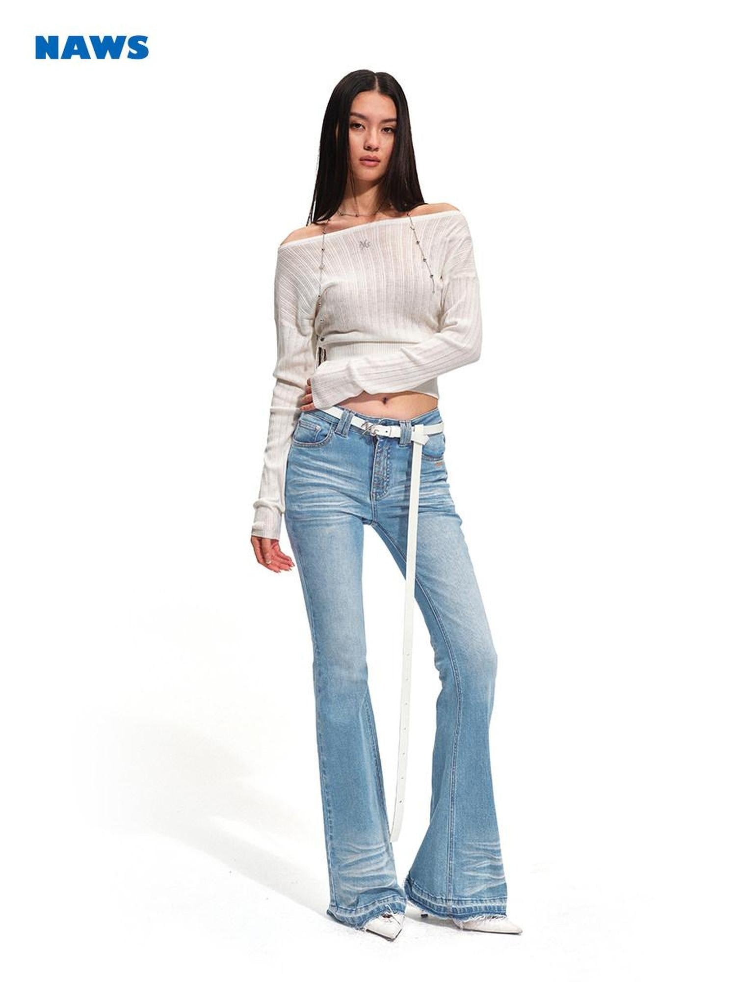 NAWSNOTAWEAR Glacier Blue Slim Fit Stretch Casual Natural Waist Zip Fly Cotton Flared Jeans