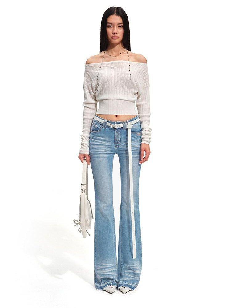 NAWSNOTAWEAR Glacier Blue Slim Fit Stretch Casual Natural Waist Zip Fly Cotton Flared Jeans