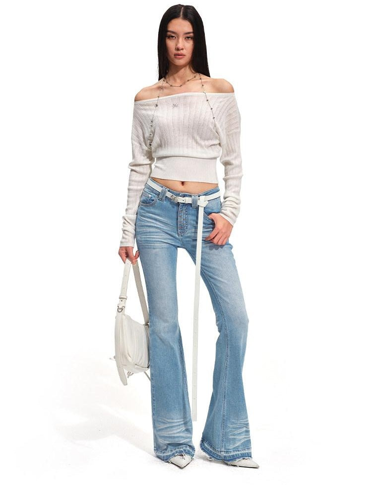 NAWSNOTAWEAR Glacier Blue Slim Fit Stretch Casual Natural Waist Zip Fly Cotton Flared Jeans