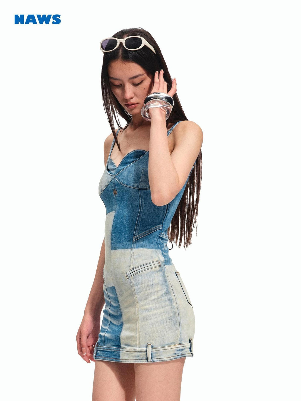 NAWSNOTAWEAR High Stretch Cotton Colorblock Denim Slim Strap Aline Mini Dresses