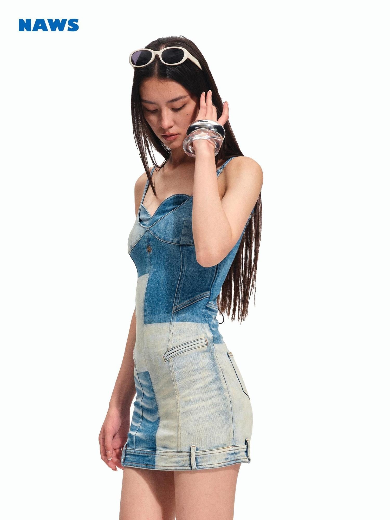 NAWSNOTAWEAR High Stretch Cotton Colorblock Denim Slim Strap Aline Mini Dresses