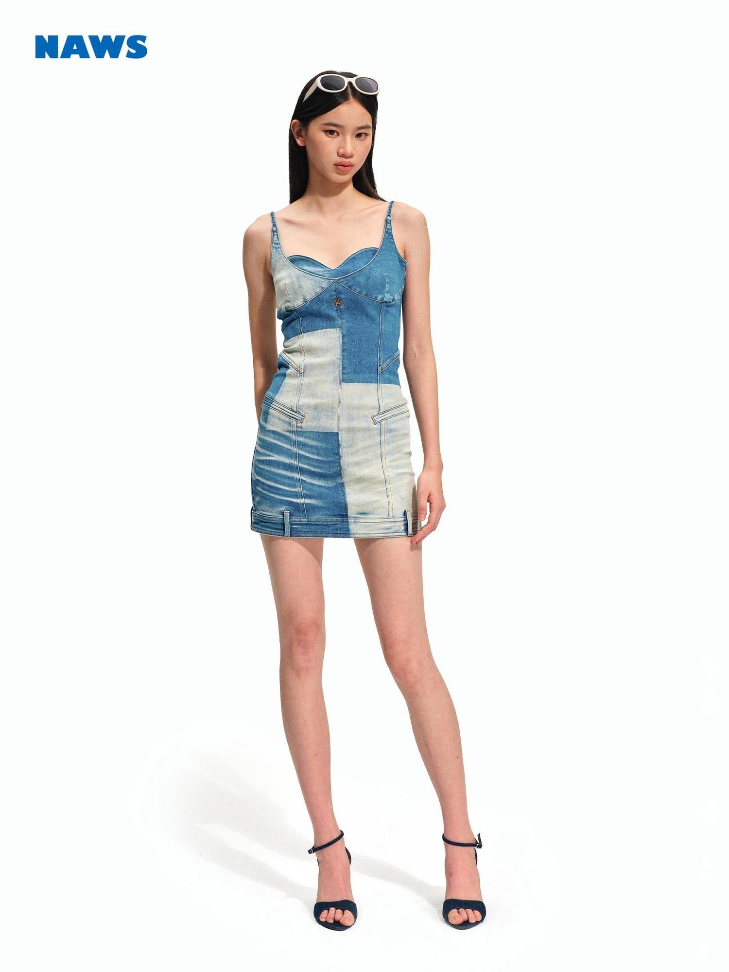 NAWSNOTAWEAR High Stretch Cotton Colorblock Denim Slim Strap Aline Mini Dresses