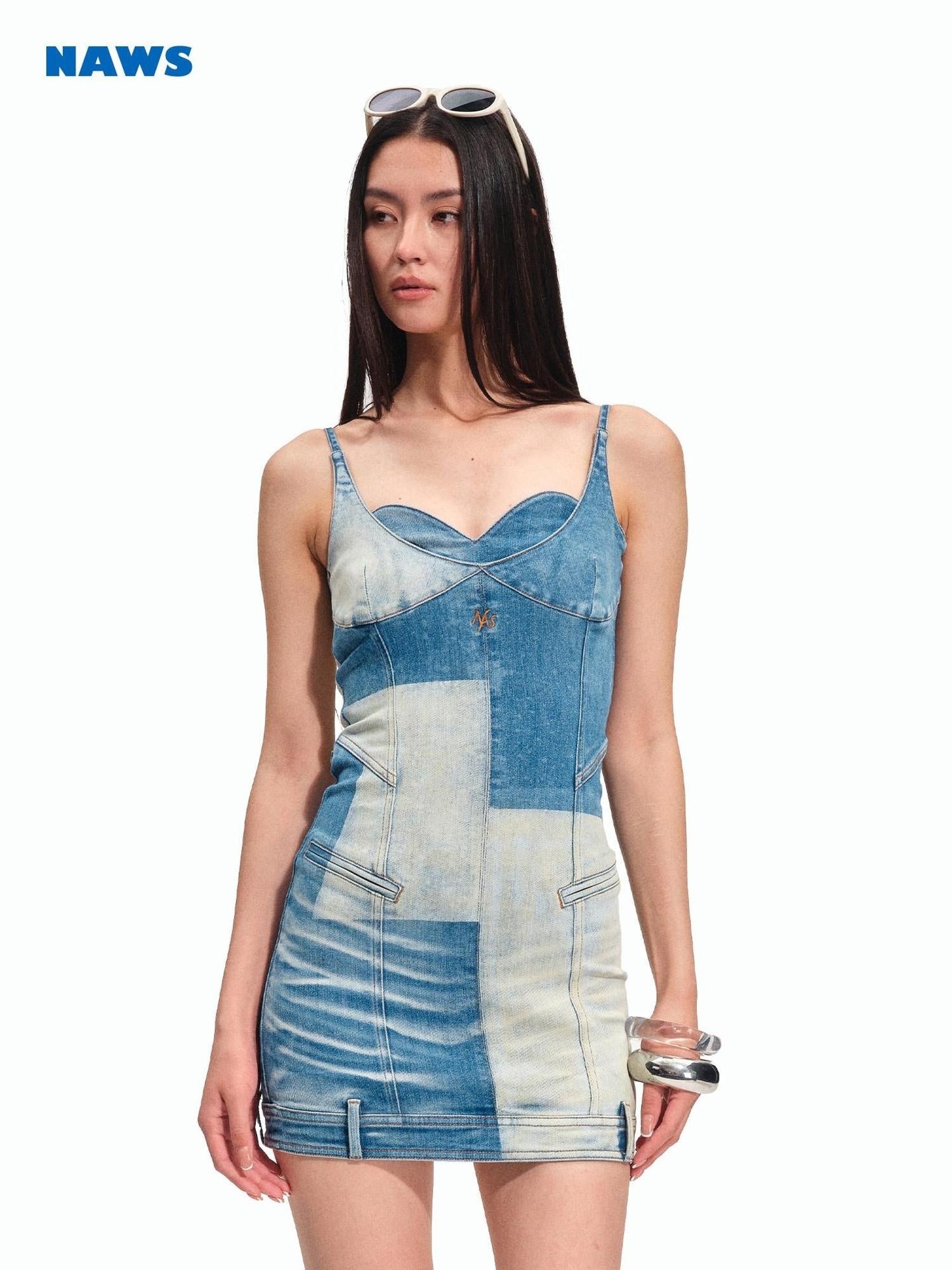 NAWSNOTAWEAR High Stretch Cotton Colorblock Denim Slim Strap Aline Mini Dresses
