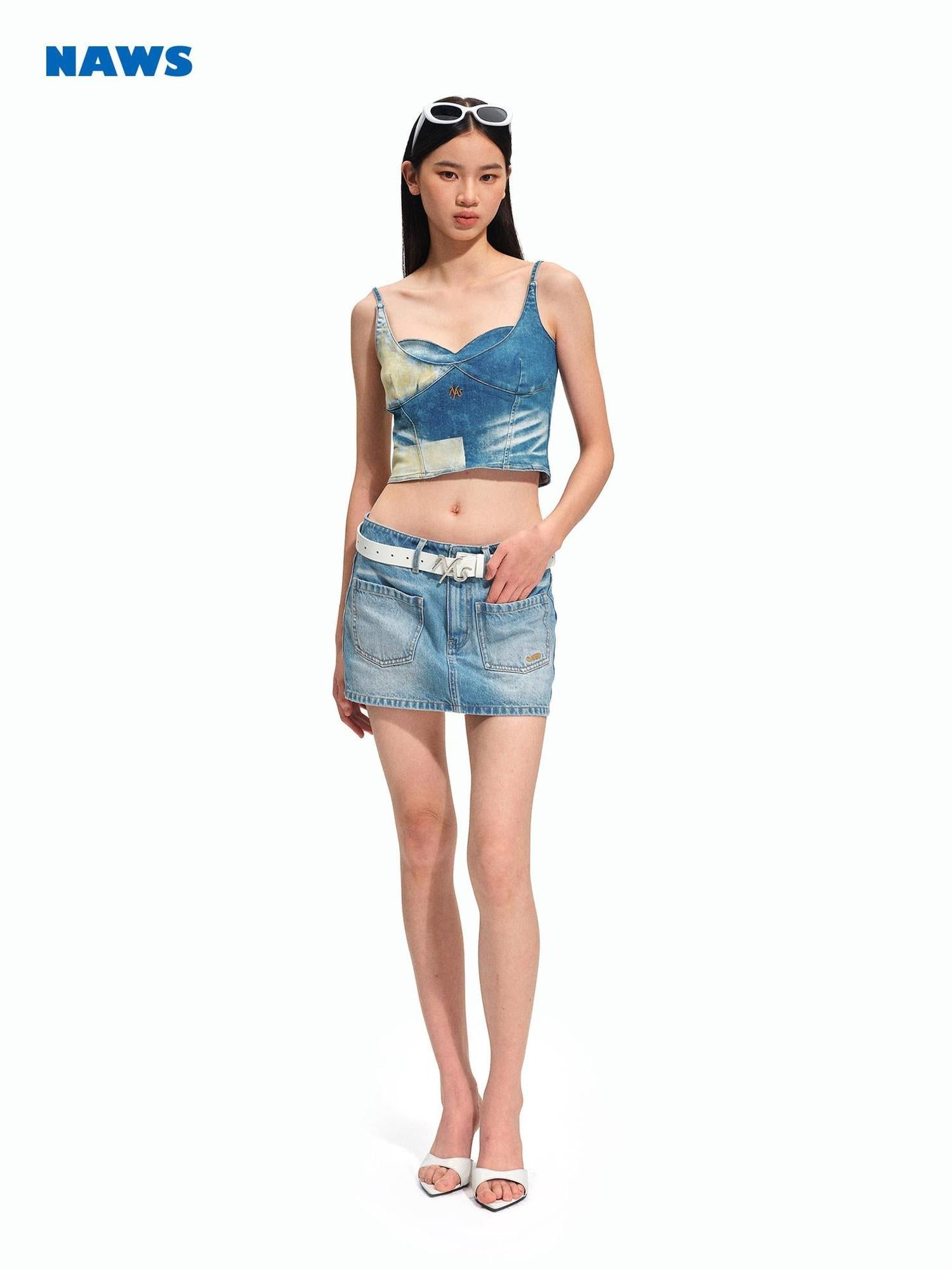 NAWSNOTAWEAR High Stretch Fitted Cropped Equestrian Lettering Galaxy Blue Camisoles