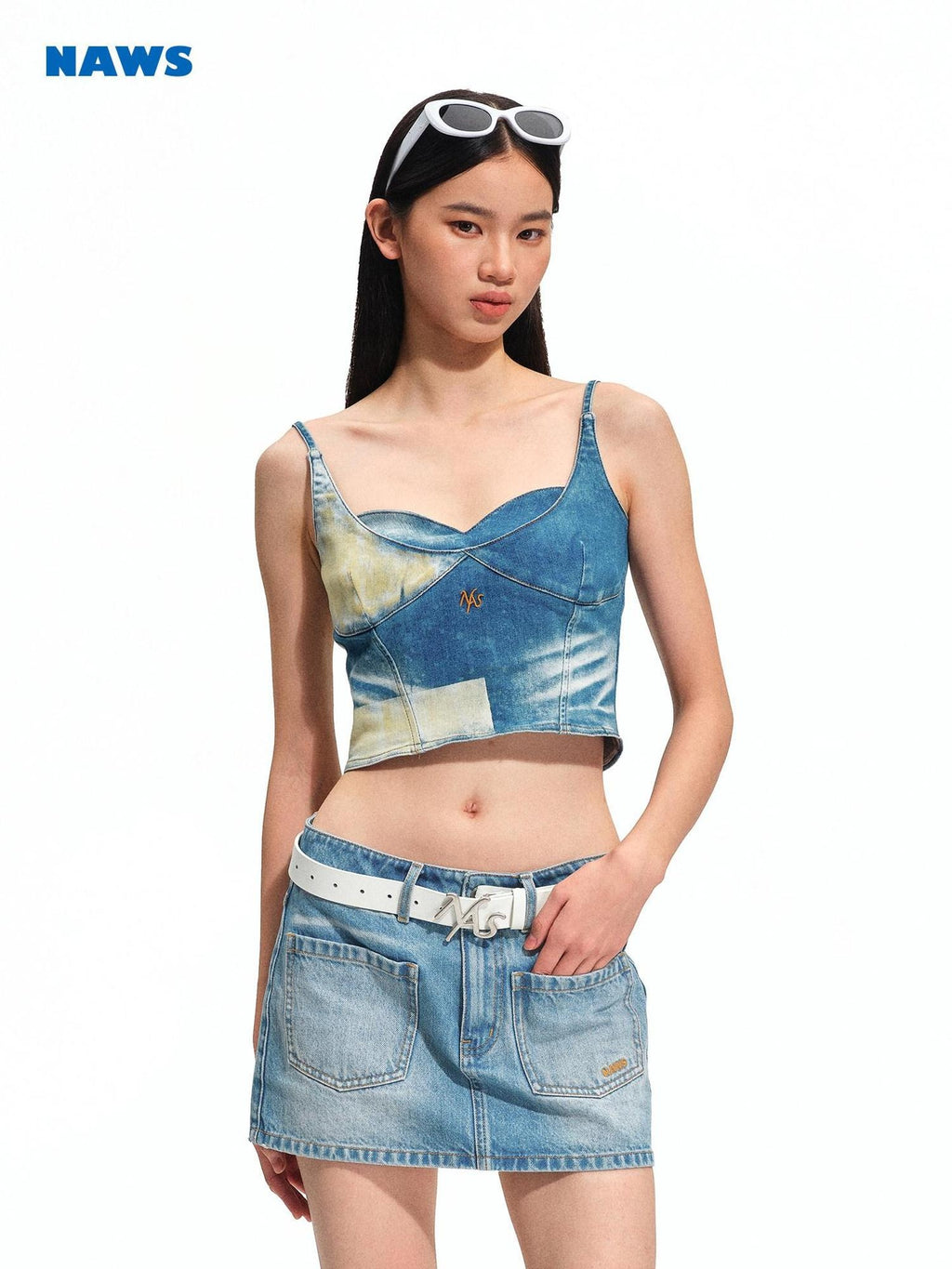 NAWSNOTAWEAR High Stretch Fitted Cropped Equestrian Lettering Galaxy Blue Camisoles