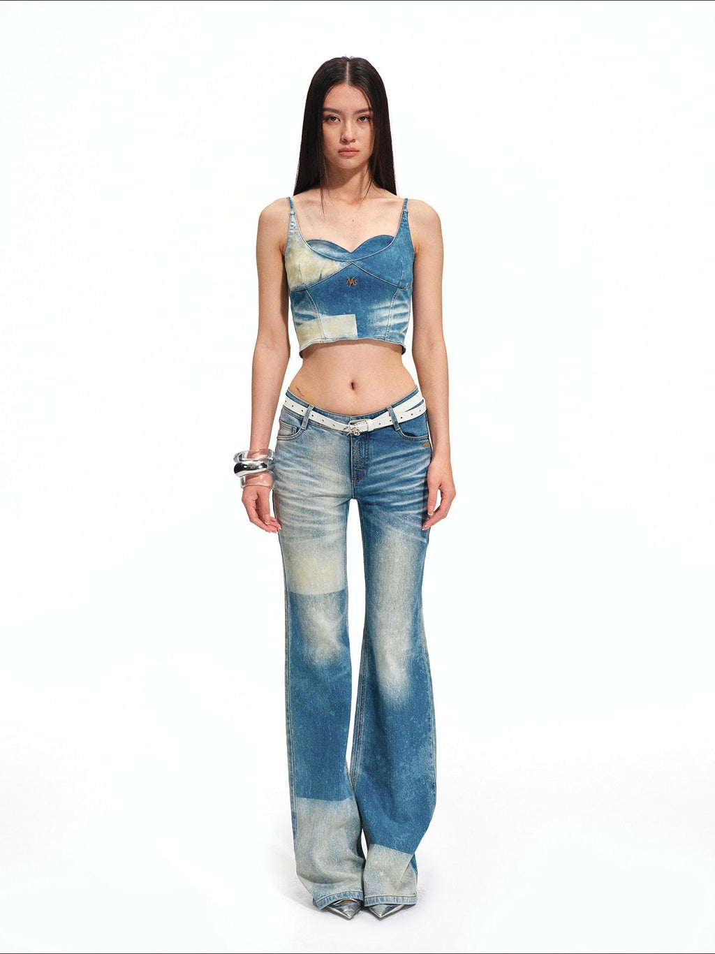 NAWSNOTAWEAR High Stretch Fitted Cropped Equestrian Lettering Galaxy Blue Camisoles