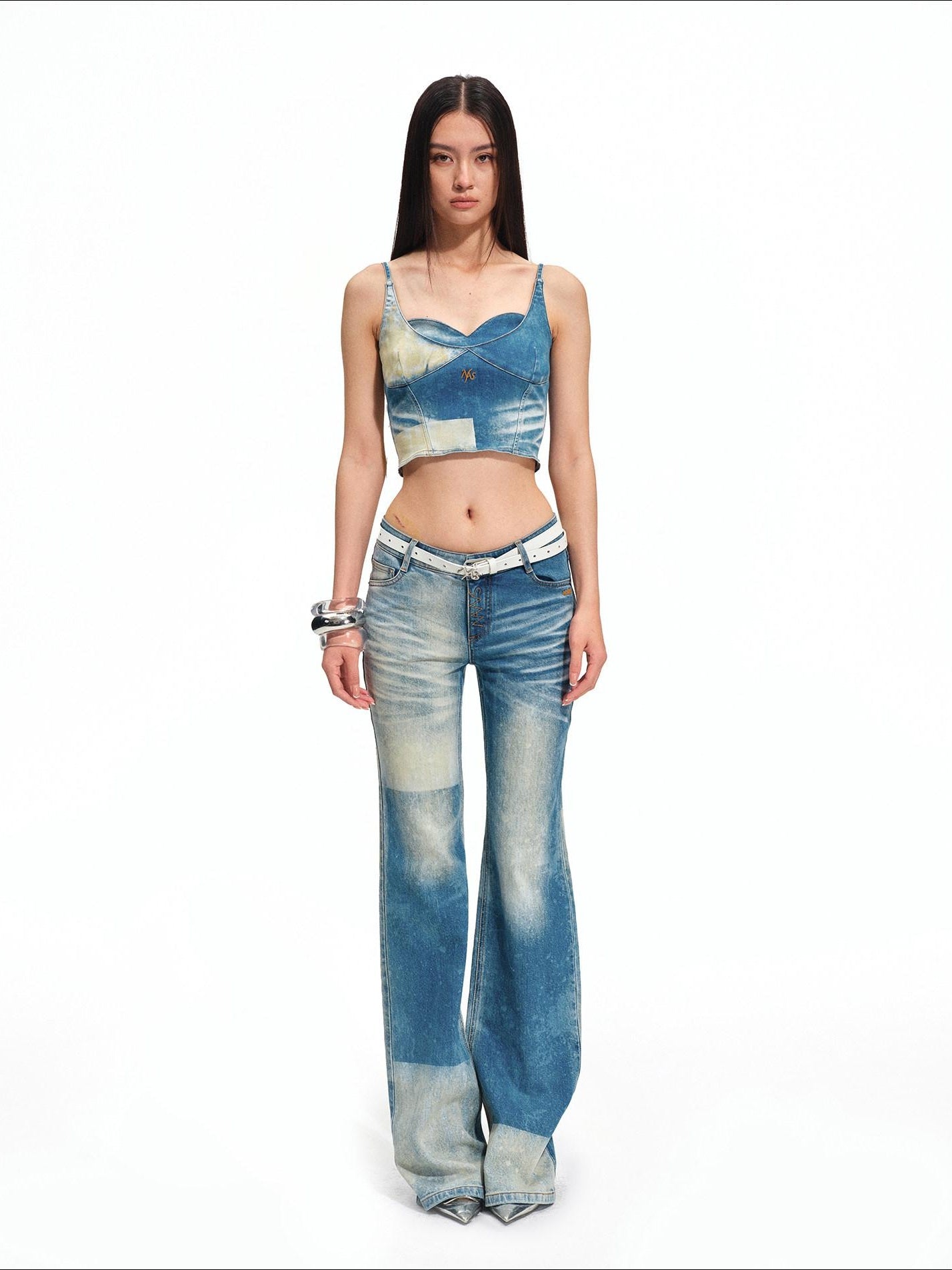 NAWSNOTAWEAR High Stretch Fitted Cropped Equestrian Lettering Galaxy Blue Camisoles