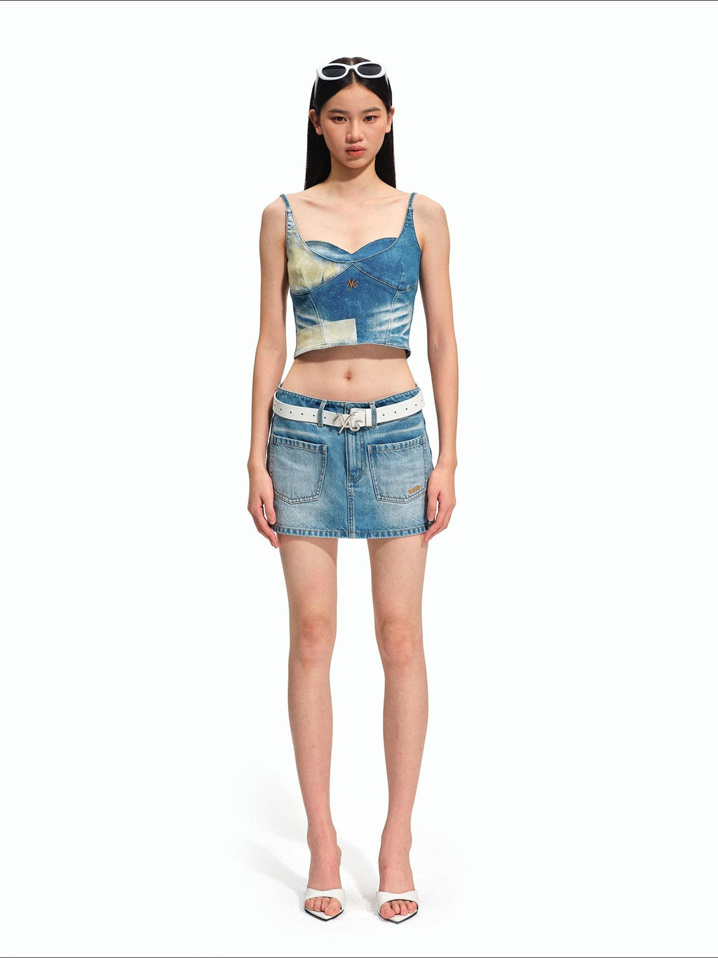 NAWSNOTAWEAR High Stretch Fitted Cropped Equestrian Lettering Galaxy Blue Camisoles