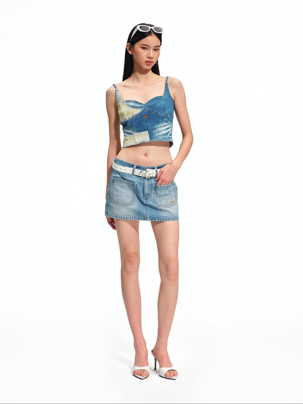 NAWSNOTAWEAR High Stretch Fitted Cropped Equestrian Lettering Galaxy Blue Camisoles
