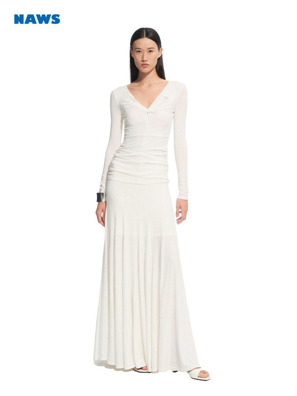 NAWSNOTAWEAR High Stretch Tencel V-neck Flared Long Sleeve Casual Women Lyocell Maxi Dresses