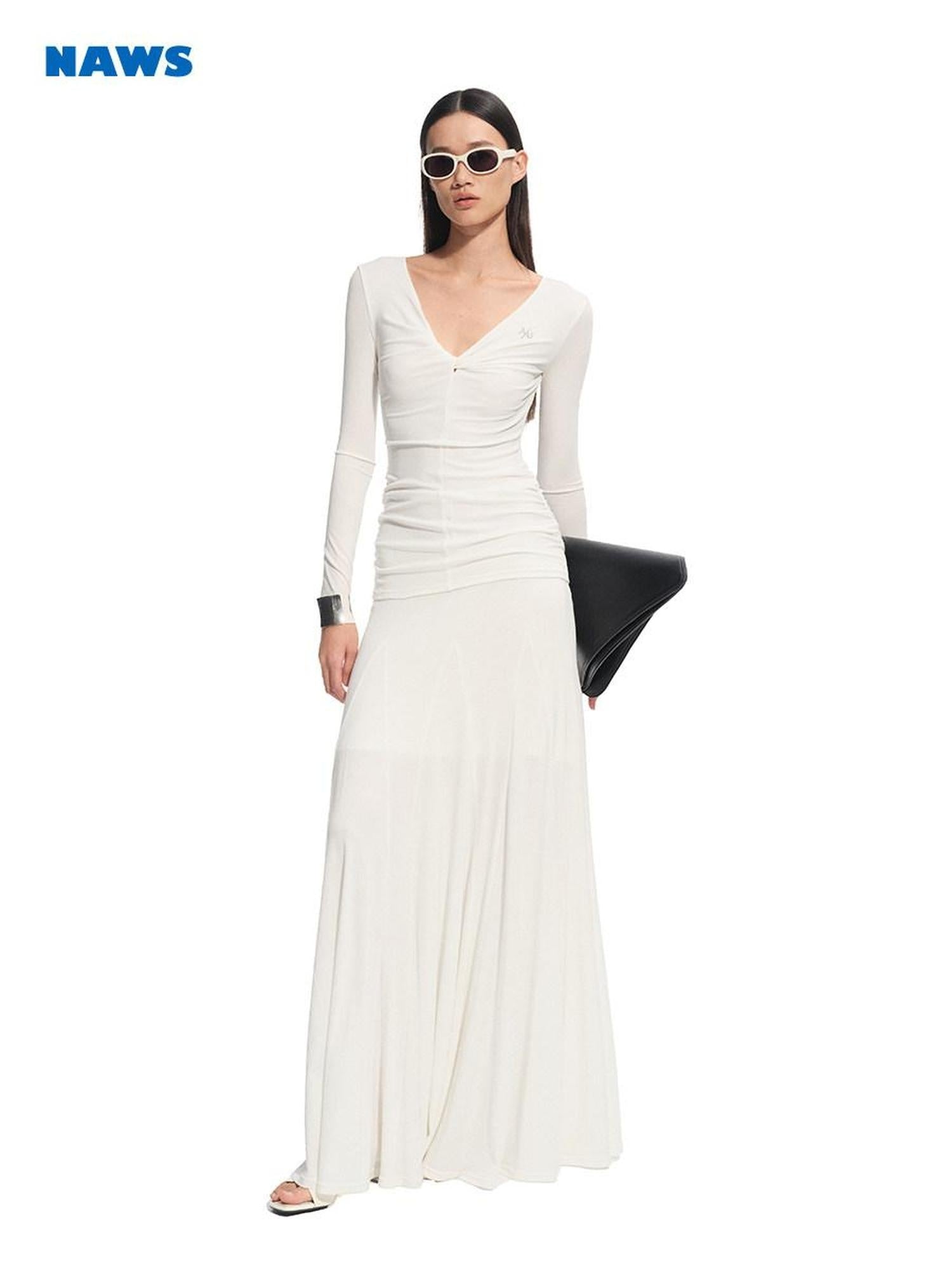 NAWSNOTAWEAR High Stretch Tencel V-neck Flared Long Sleeve Casual Women Lyocell Maxi Dresses