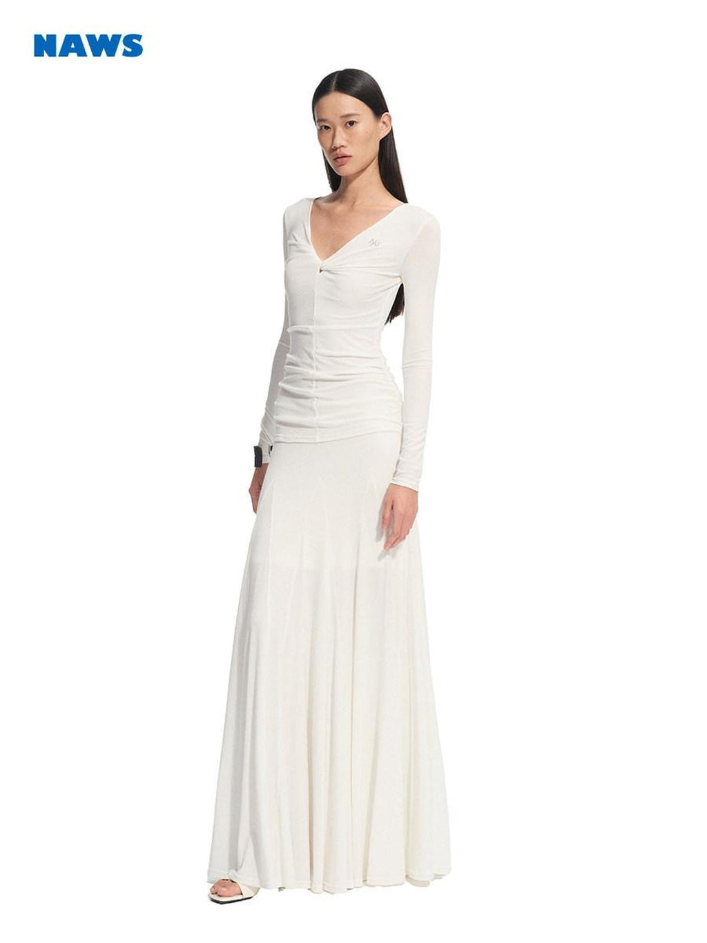 NAWSNOTAWEAR High Stretch Tencel V-neck Flared Long Sleeve Casual Women Lyocell Maxi Dresses