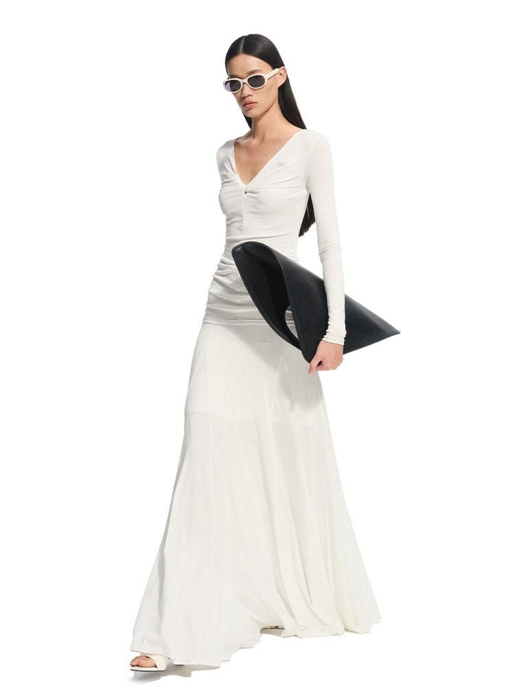 NAWSNOTAWEAR High Stretch Tencel V-neck Flared Long Sleeve Casual Women Lyocell Maxi Dresses