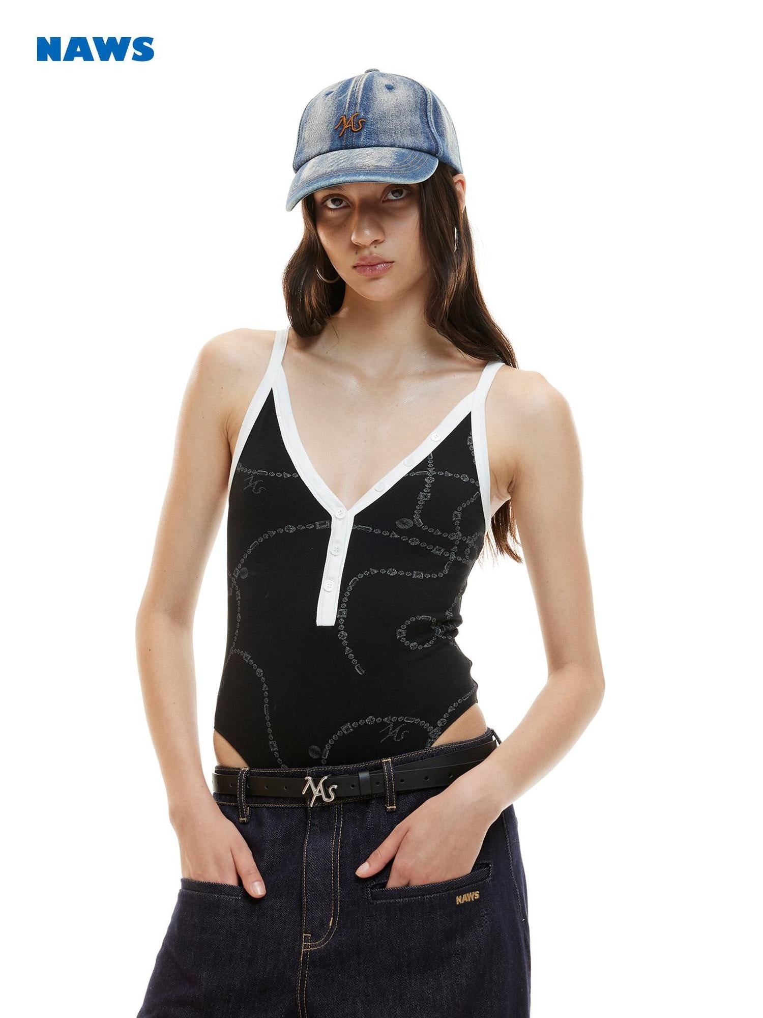 NAWSNOTAWEAR High Stretch V-neck Tight Fit Letter Print For Women Cotton Camisoles