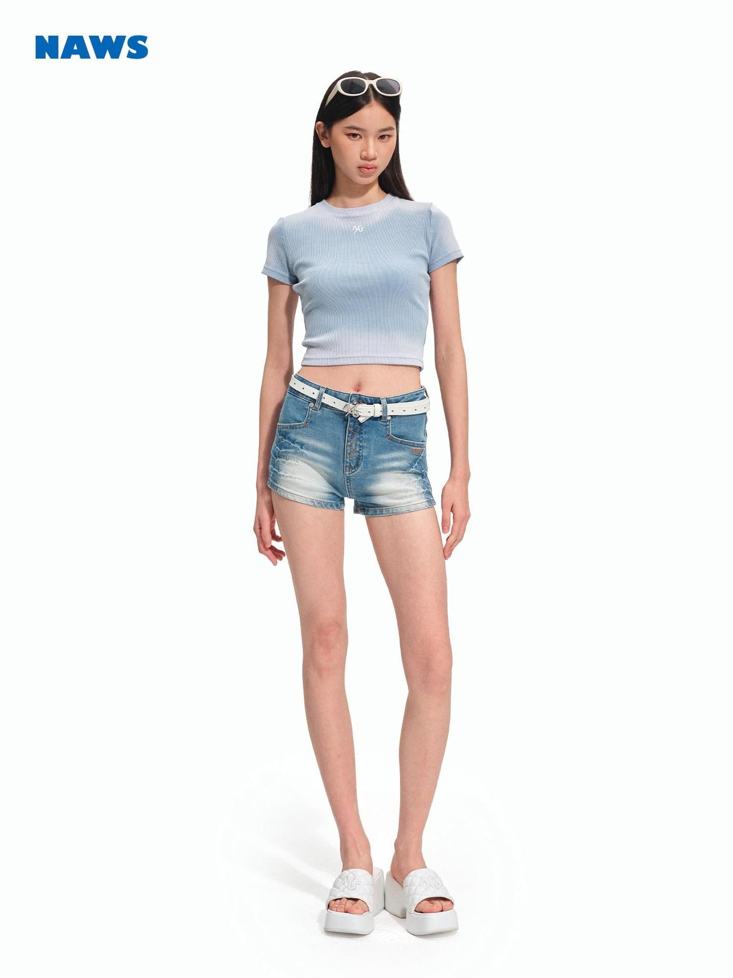 NAWSNOTAWEAR High Stretch Washed Equestrian Slim Natural Waist Mineral Blue Denim Shorts