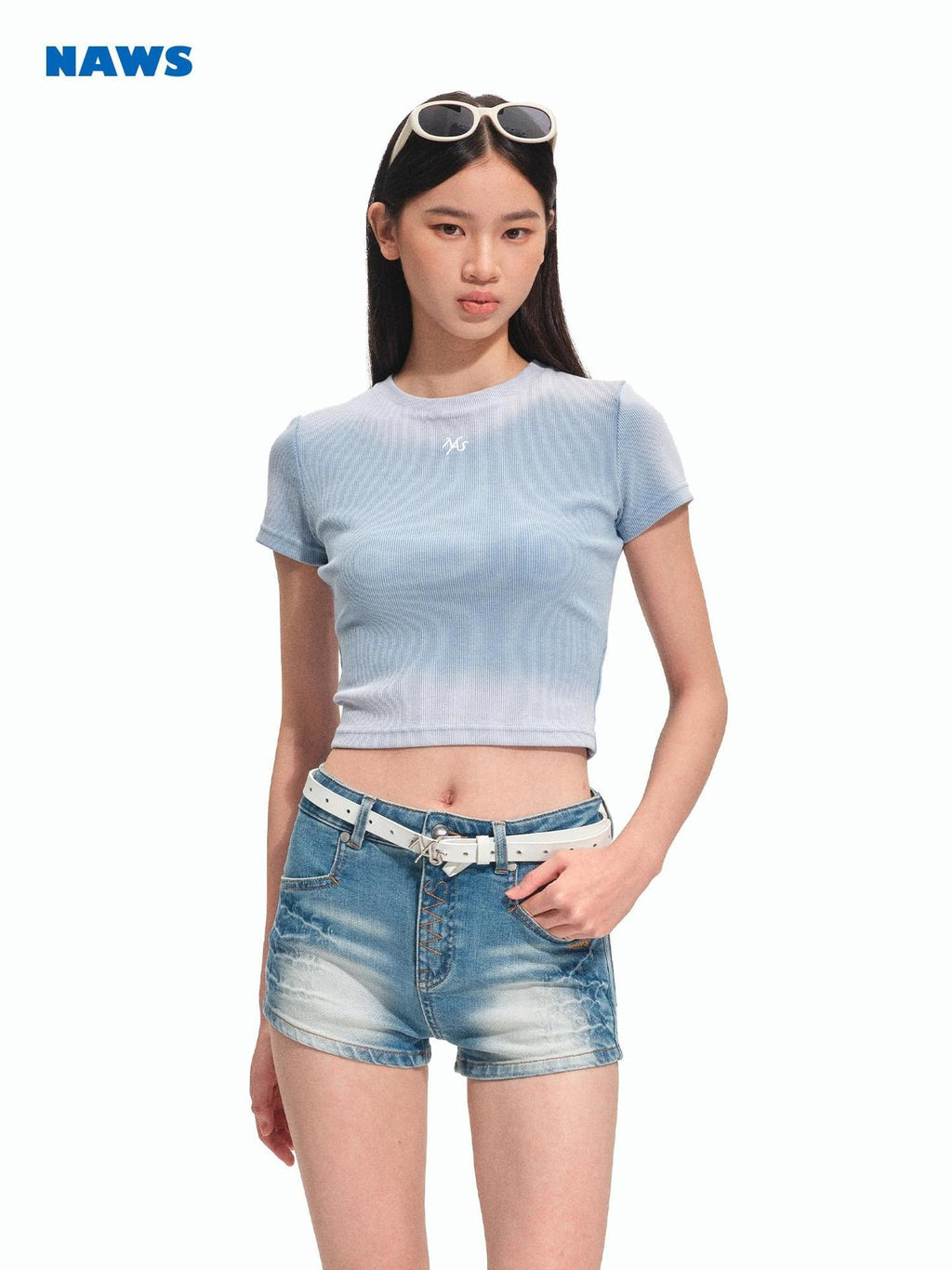 NAWSNOTAWEAR High Stretch Washed Equestrian Slim Natural Waist Mineral Blue Denim Shorts
