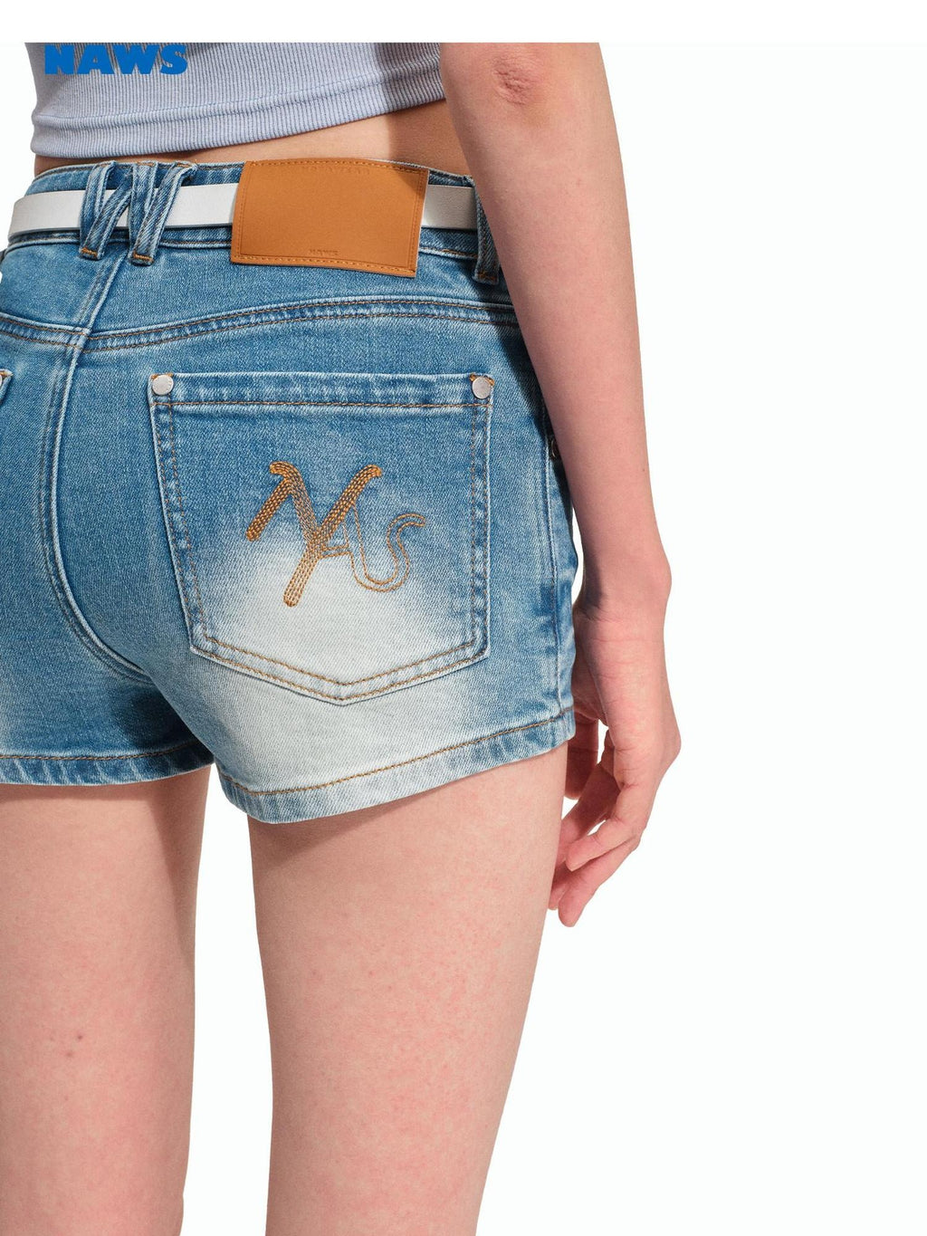 NAWSNOTAWEAR High Stretch Washed Equestrian Slim Natural Waist Mineral Blue Denim Shorts