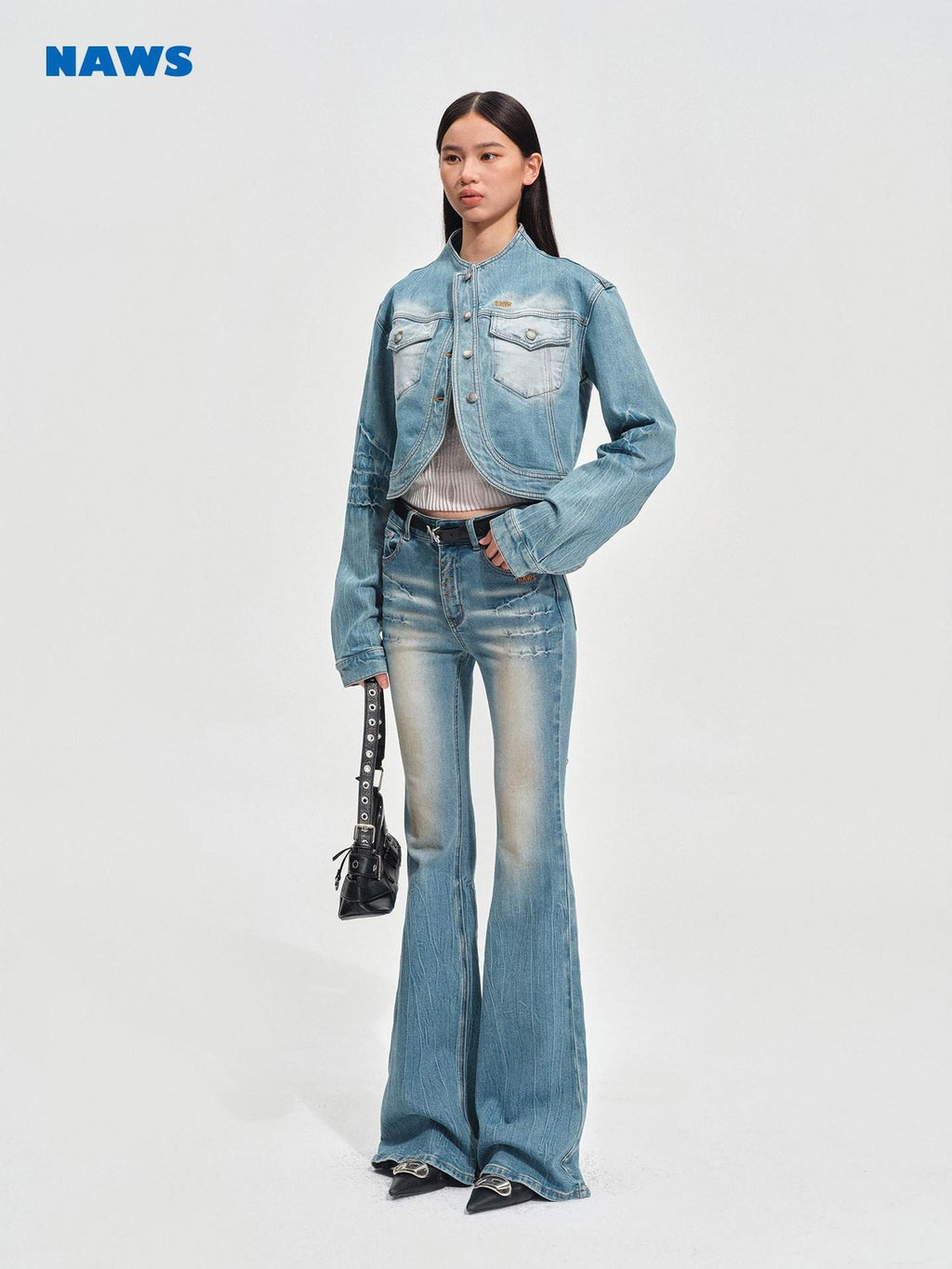 NAWSNOTAWEAR High Stretch Washed Vintage Slim Fit Natural Waist Women Stone Blue Flared Jeans