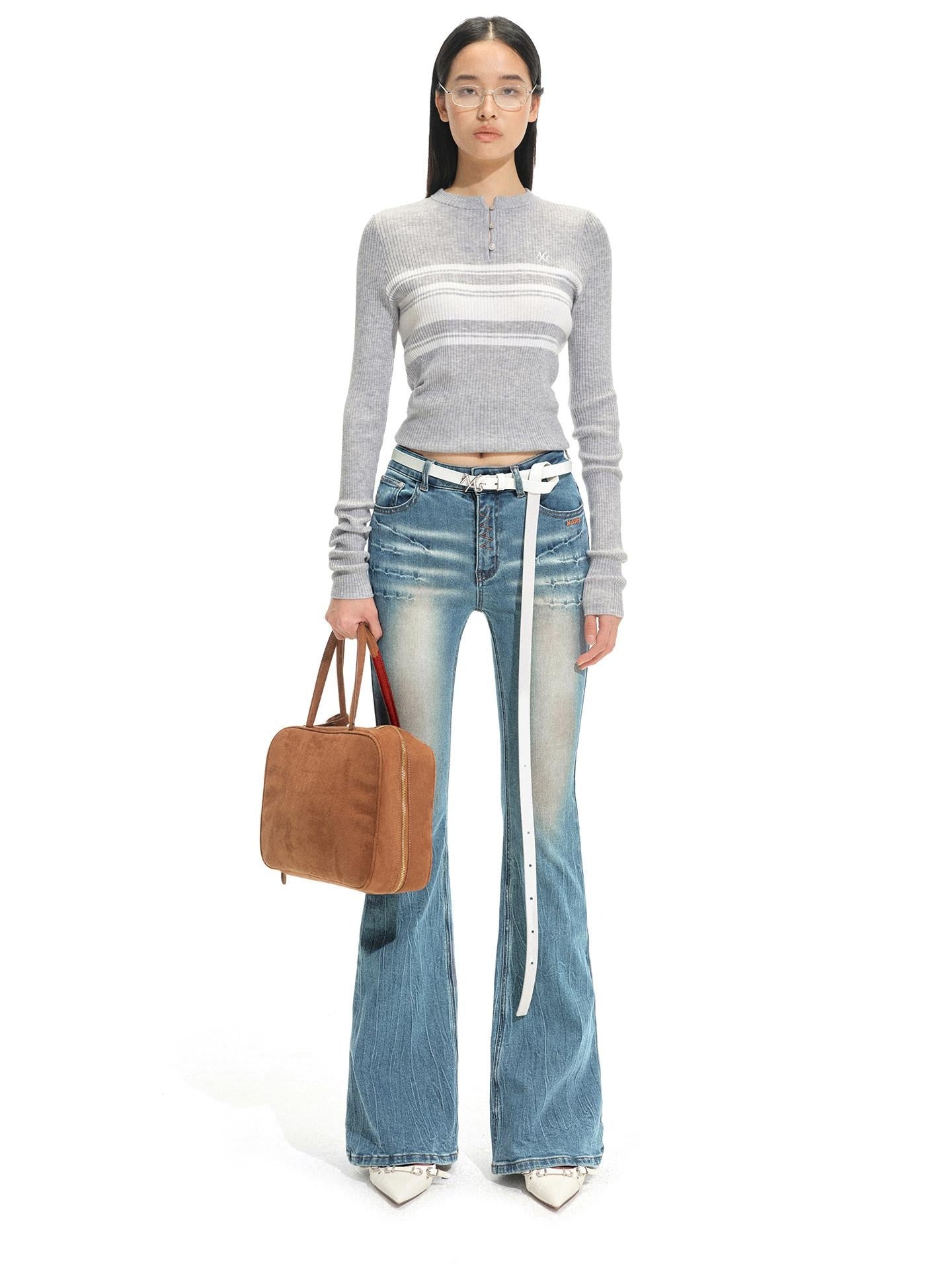 NAWSNOTAWEAR High Stretch Washed Vintage Slim Fit Natural Waist Women Stone Blue Flared Jeans