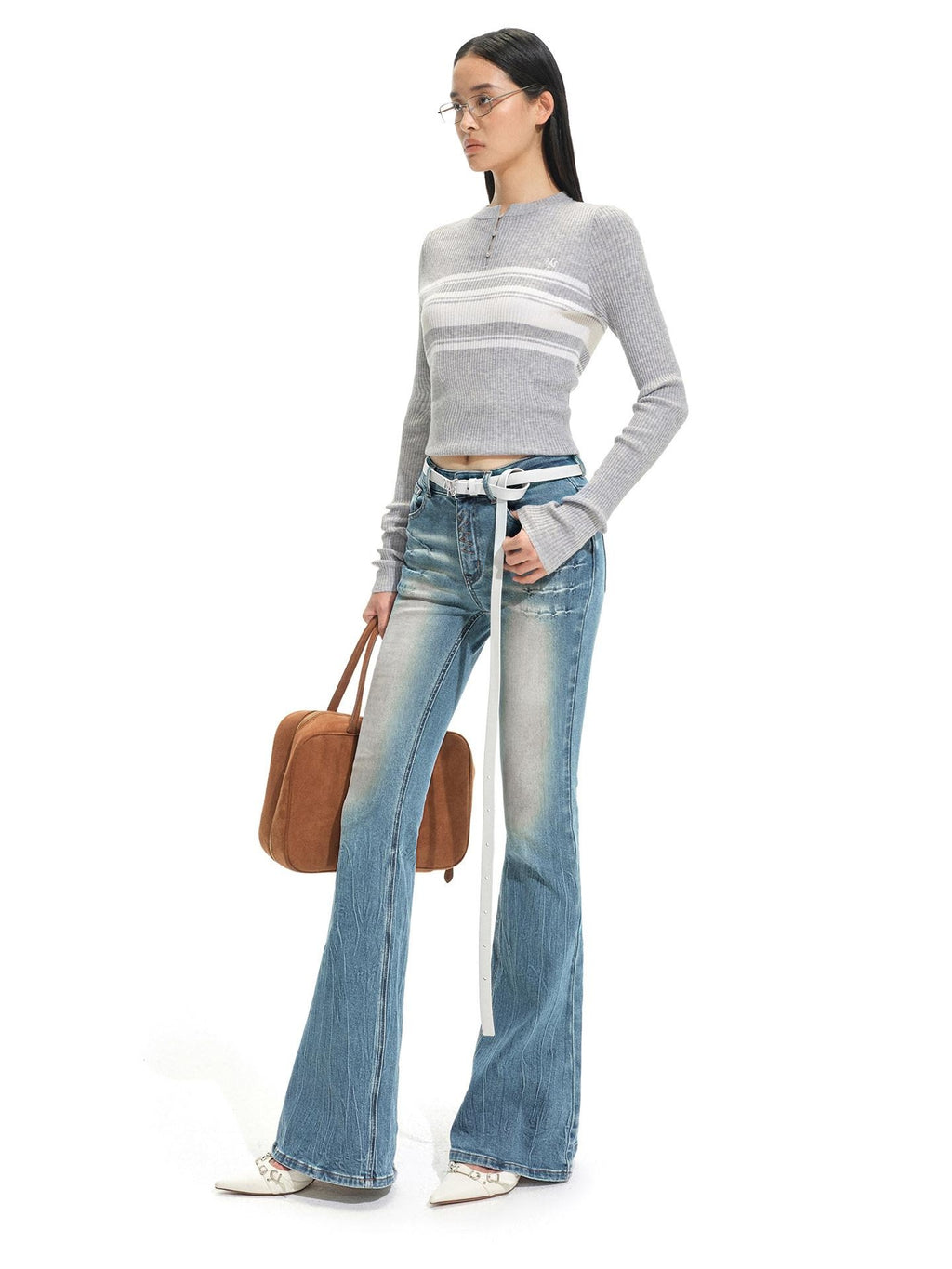 NAWSNOTAWEAR High Stretch Washed Vintage Slim Fit Natural Waist Women Stone Blue Flared Jeans