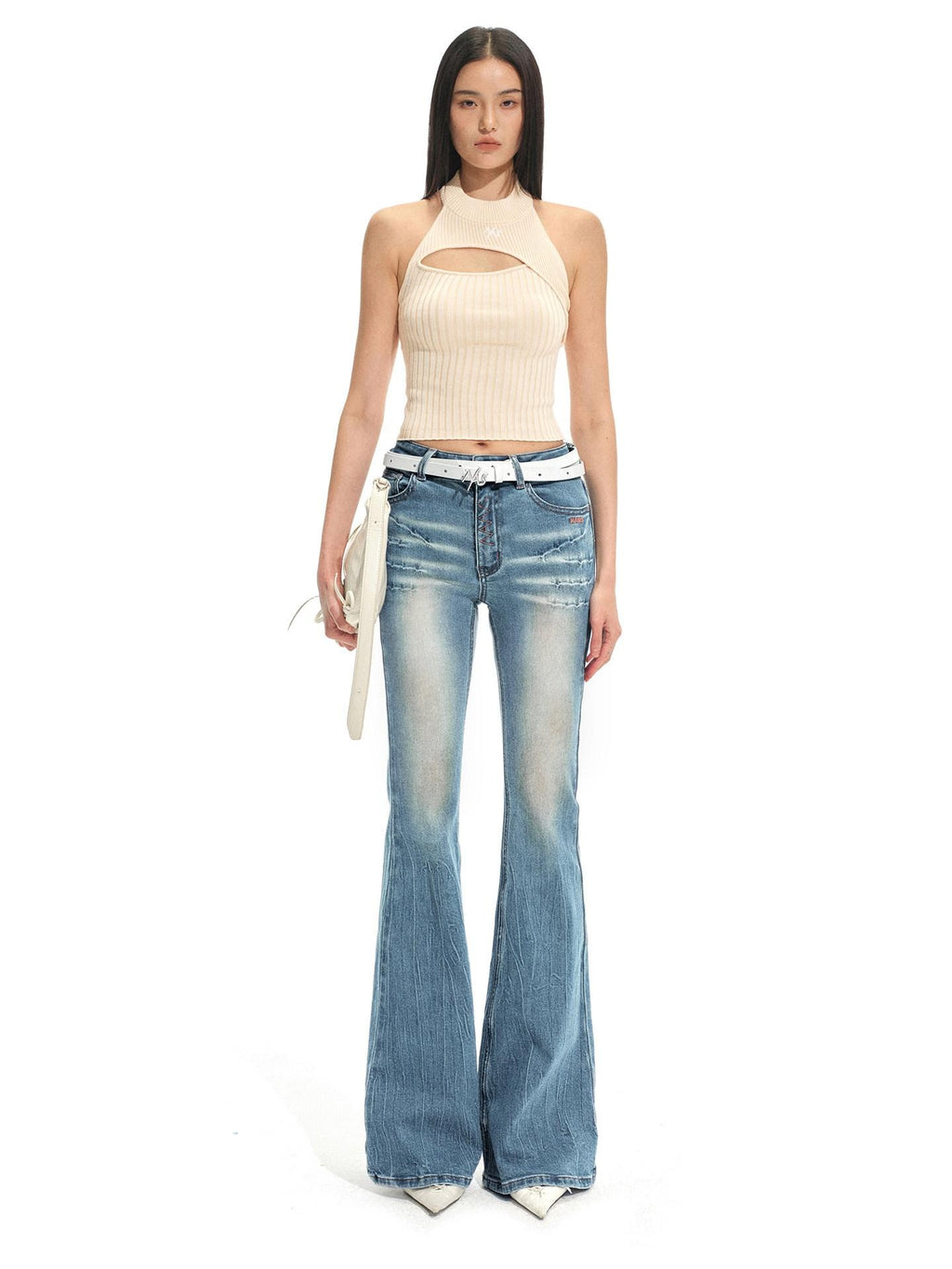 NAWSNOTAWEAR High Stretch Washed Vintage Slim Fit Natural Waist Women Stone Blue Flared Jeans
