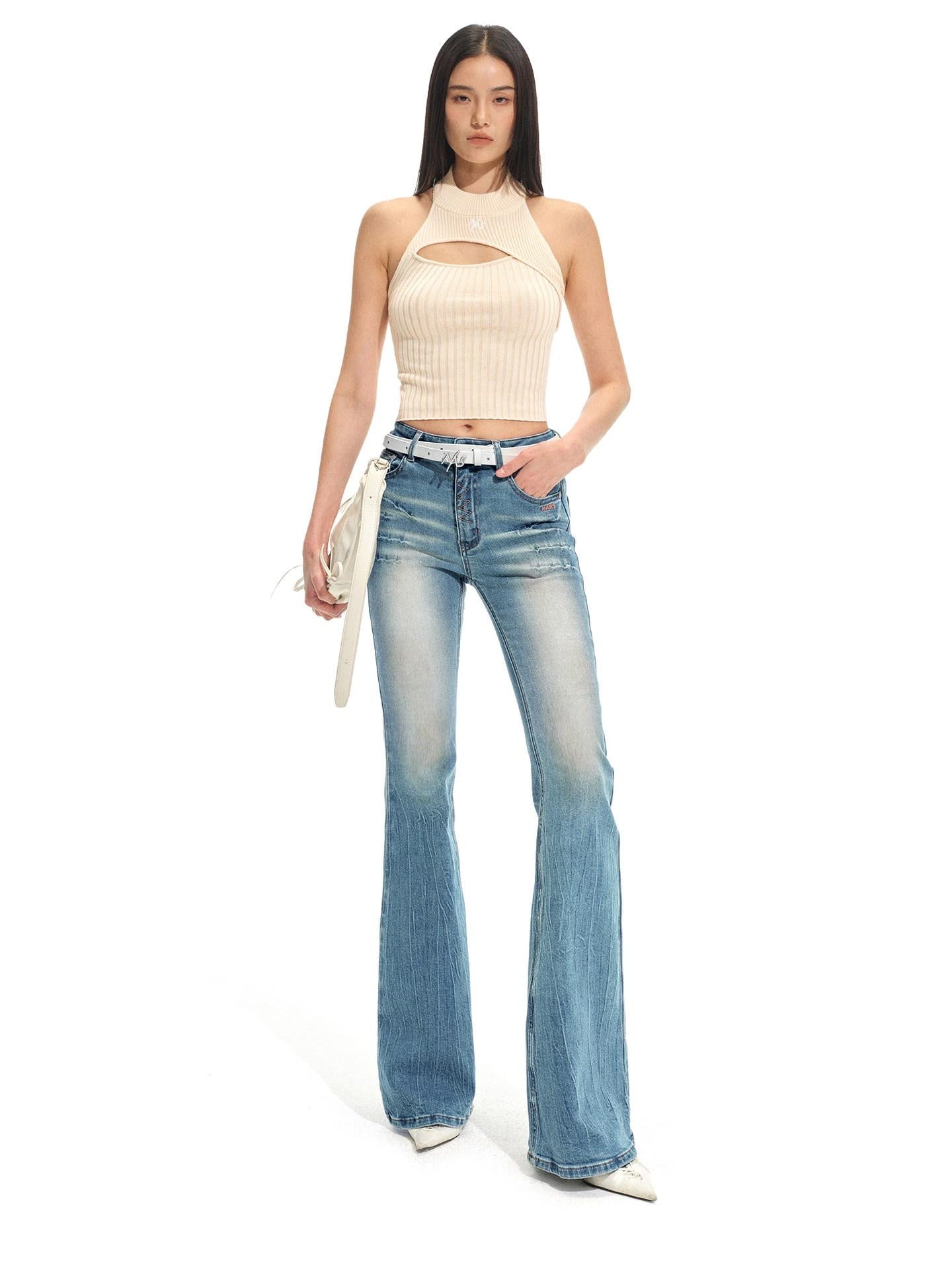 NAWSNOTAWEAR High Stretch Washed Vintage Slim Fit Natural Waist Women Stone Blue Flared Jeans