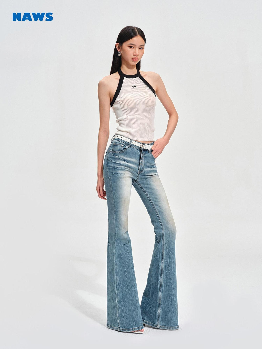 NAWSNOTAWEAR High Stretch Washed Vintage Slim Fit Natural Waist Women Stone Blue Flared Jeans