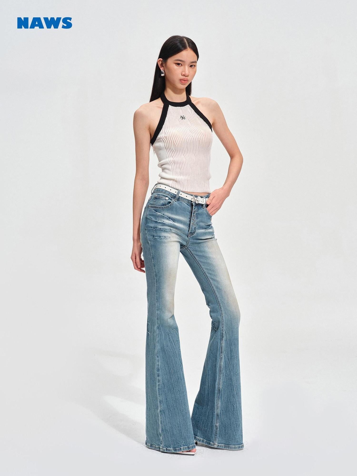 NAWSNOTAWEAR High Stretch Washed Vintage Slim Fit Natural Waist Women Stone Blue Flared Jeans