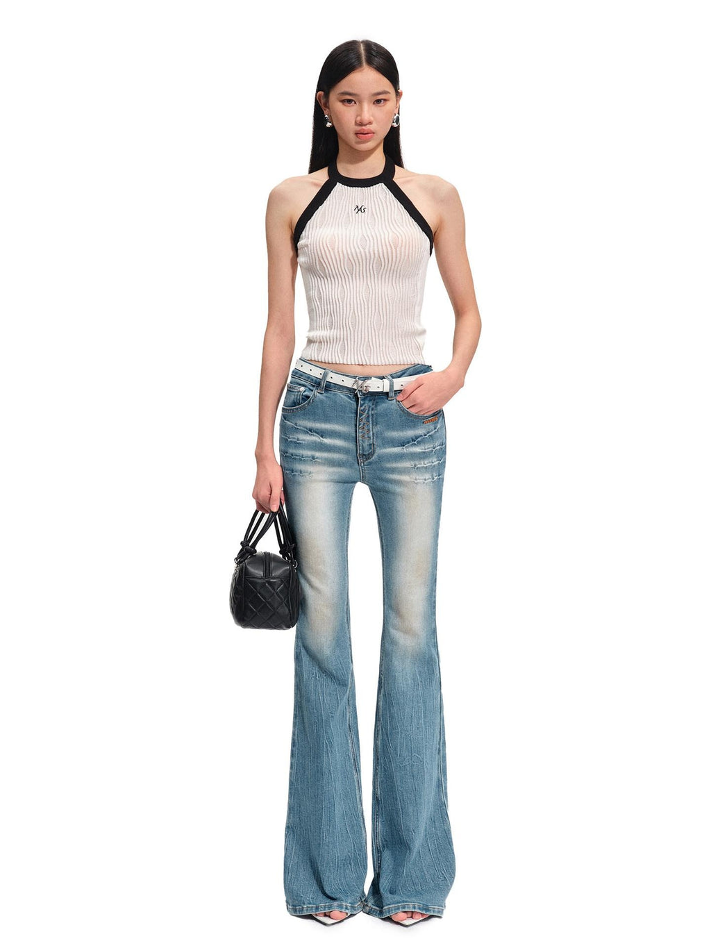 NAWSNOTAWEAR High Stretch Washed Vintage Slim Fit Natural Waist Women Stone Blue Flared Jeans
