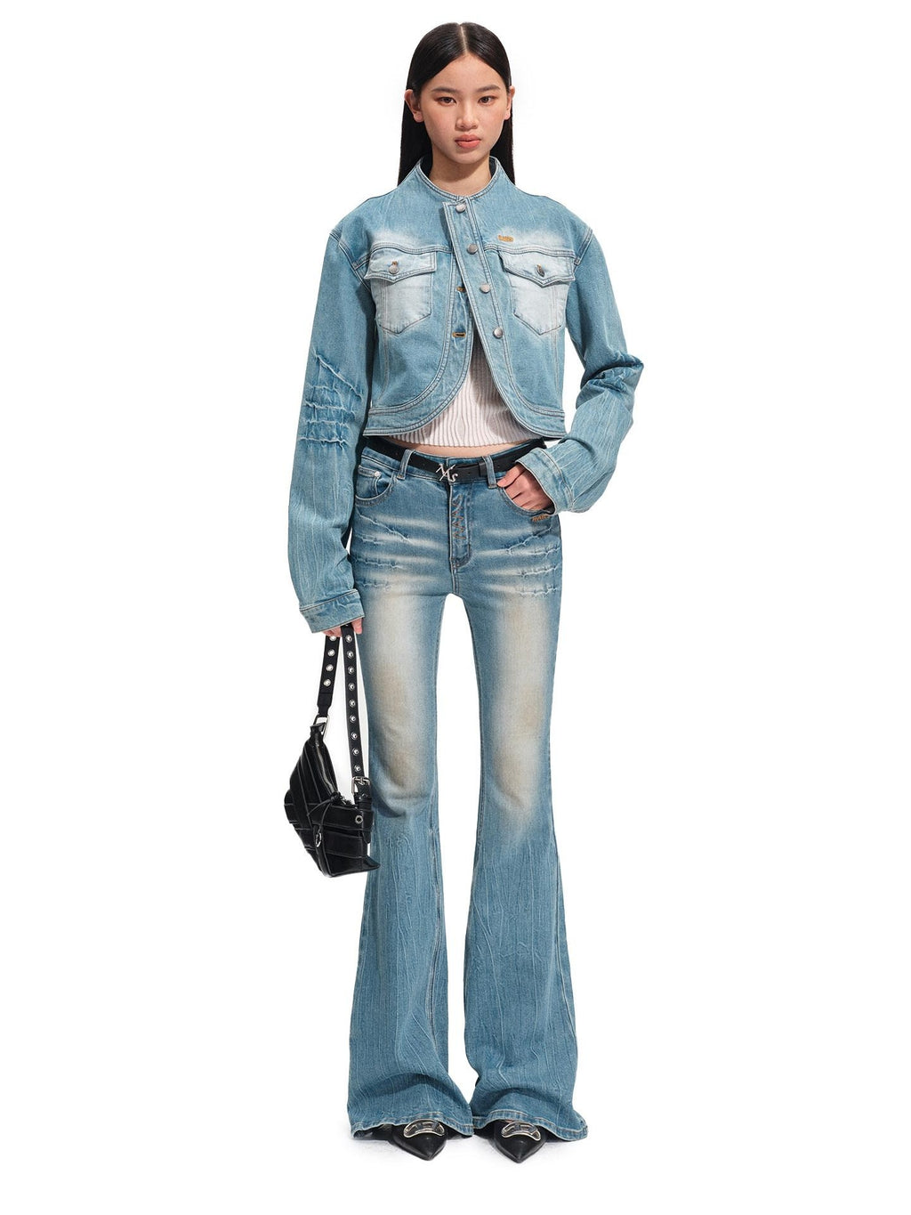 NAWSNOTAWEAR High Stretch Washed Vintage Slim Fit Natural Waist Women Stone Blue Flared Jeans