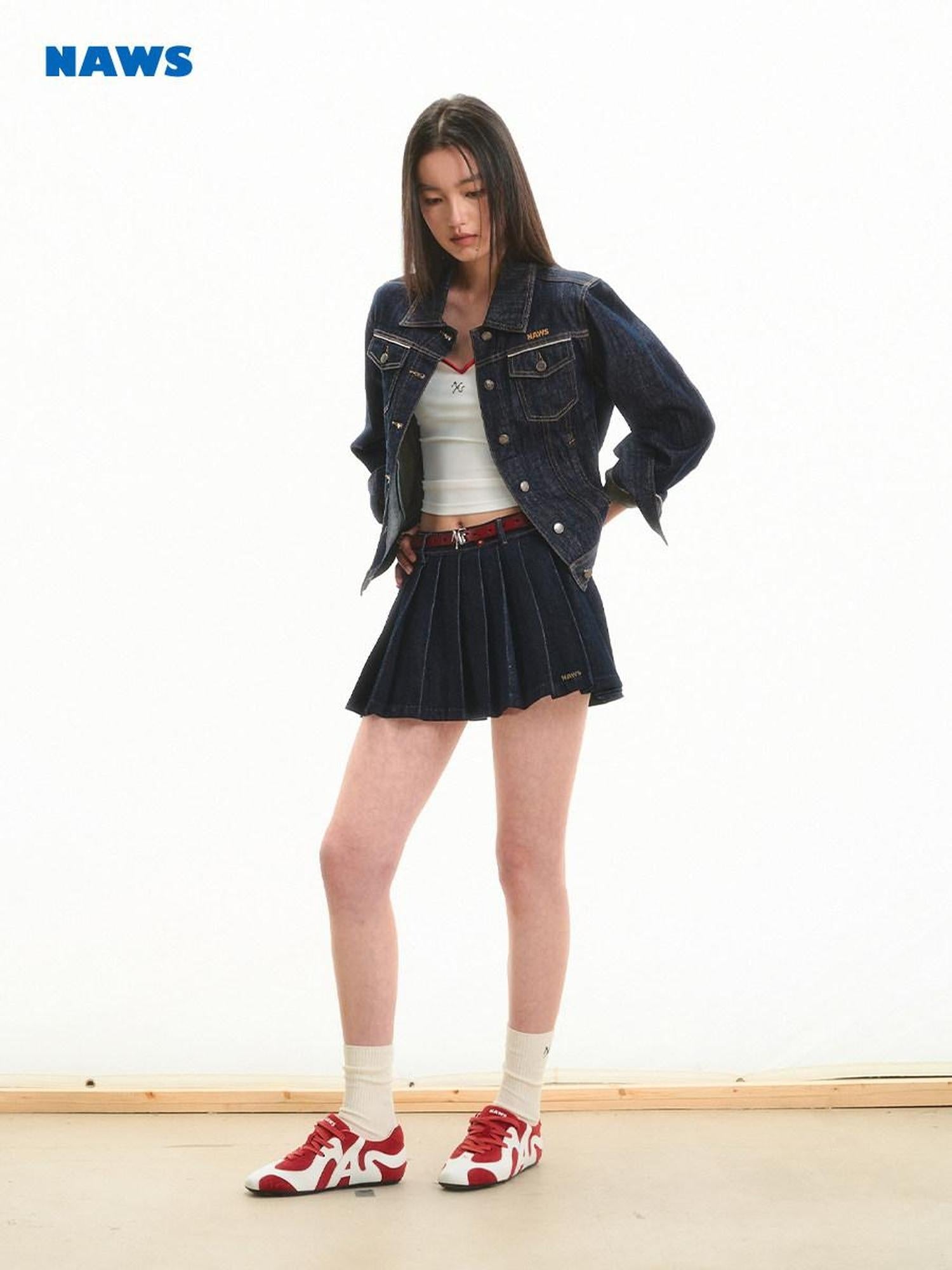 NAWSNOTAWEAR High Waist Cotton Pleated Commuter Casual Women Raw Denim Blue Mini Skirts