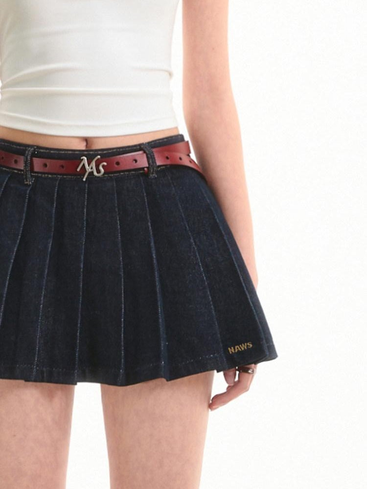 NAWSNOTAWEAR High Waist Cotton Pleated Commuter Casual Women Raw Denim Blue Mini Skirts