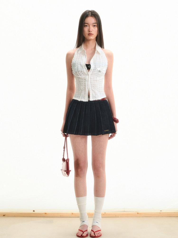 NAWSNOTAWEAR High Waist Cotton Pleated Commuter Casual Women Raw Denim Blue Mini Skirts