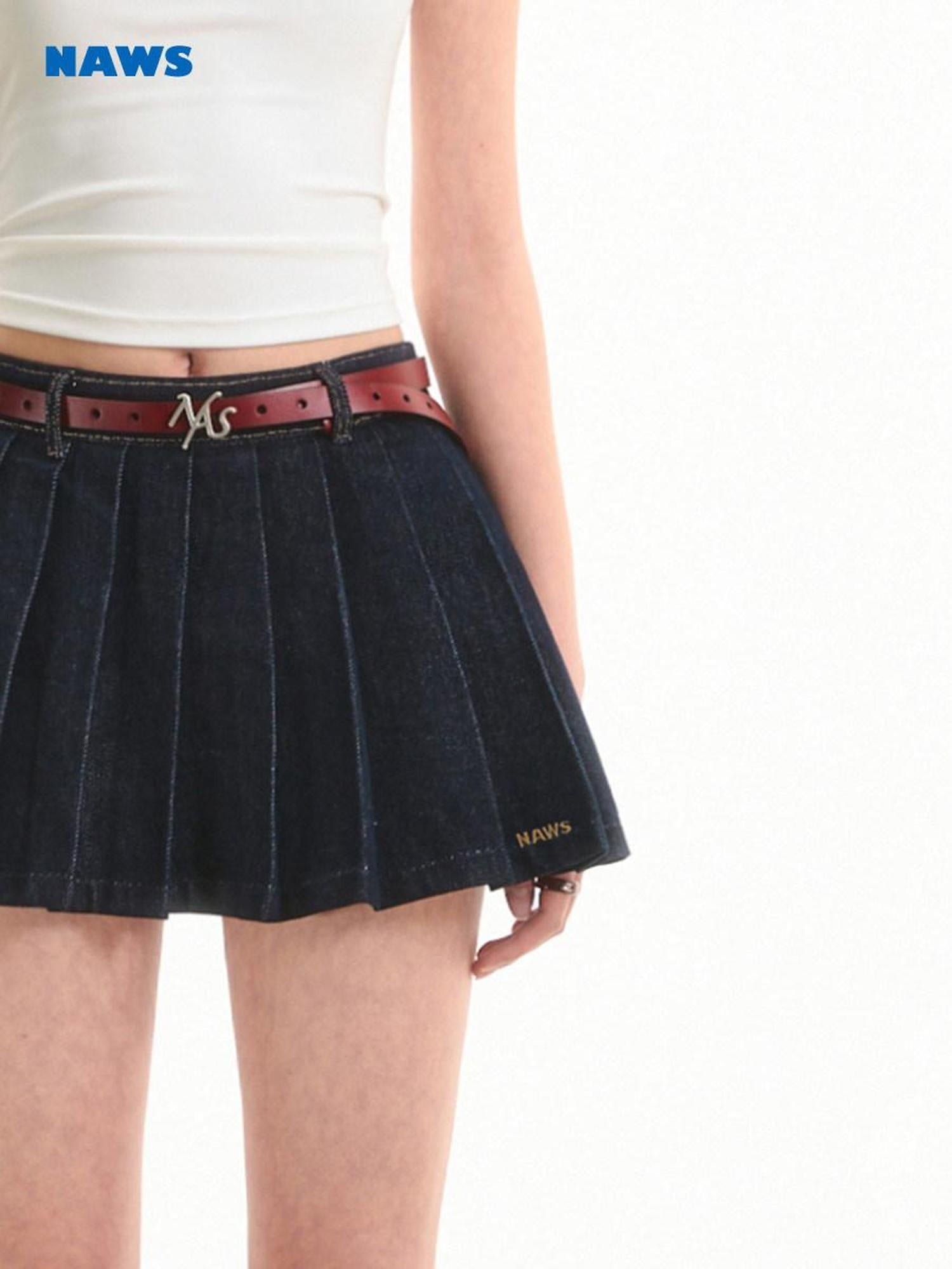 NAWSNOTAWEAR High Waist Cotton Pleated Commuter Casual Women Raw Denim Blue Mini Skirts