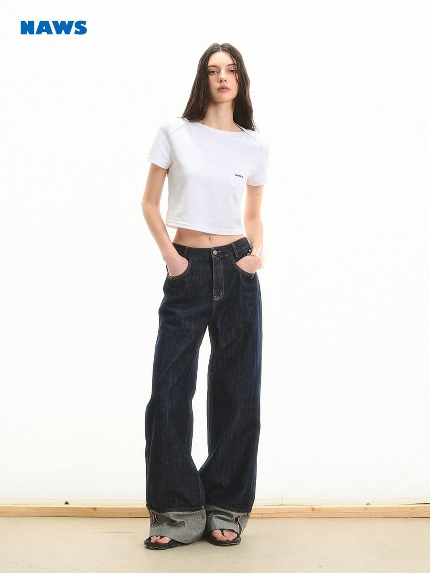 NAWSNOTAWEAR High Waist Loose Wide Leg Casual Raw Indigo Durable Straight Leg Jeans