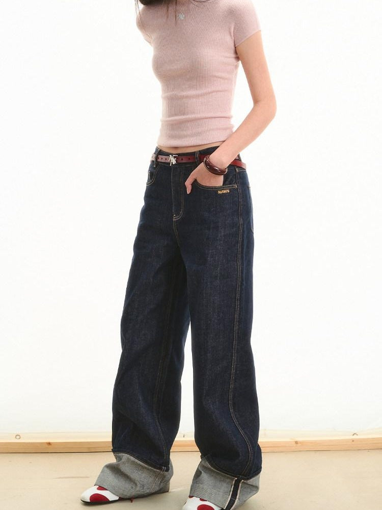 NAWSNOTAWEAR High Waist Loose Wide Leg Casual Raw Indigo Durable Straight Leg Jeans