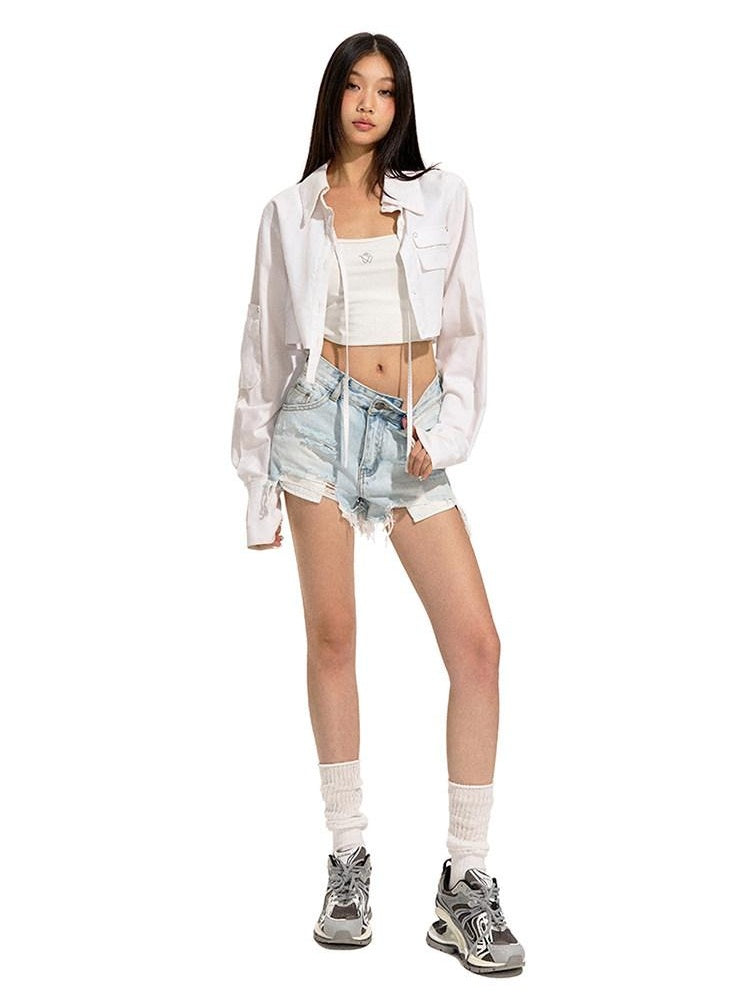 NAWSNOTAWEAR High Waist Ripped Asymmetrical Slim Light Wash Women Zipper Fly Denim Shorts
