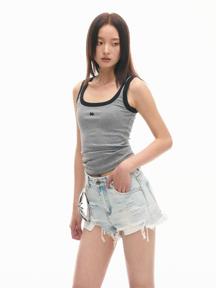 NAWSNOTAWEAR High Waist Ripped Asymmetrical Slim Light Wash Women Zipper Fly Denim Shorts